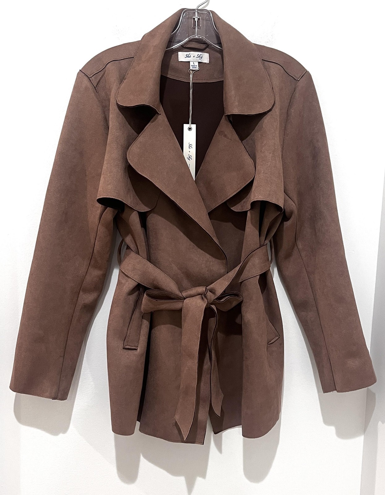 New She + Sky Coat Womens Large Cognac Faux Suede Knit Short Trench Jacket