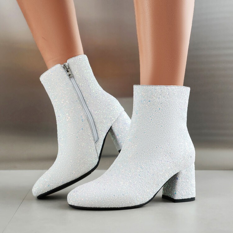 Women’s Sequin Glitter Block Heels Side Zip Ankle Short Gold Boots Party Shoes