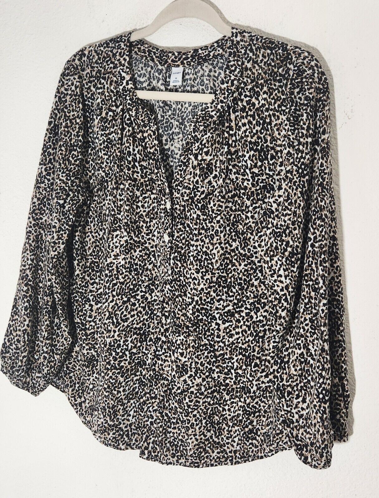 Old Navy Black Brown Henley Button Front Animal Print Long Sleeve Top Size L