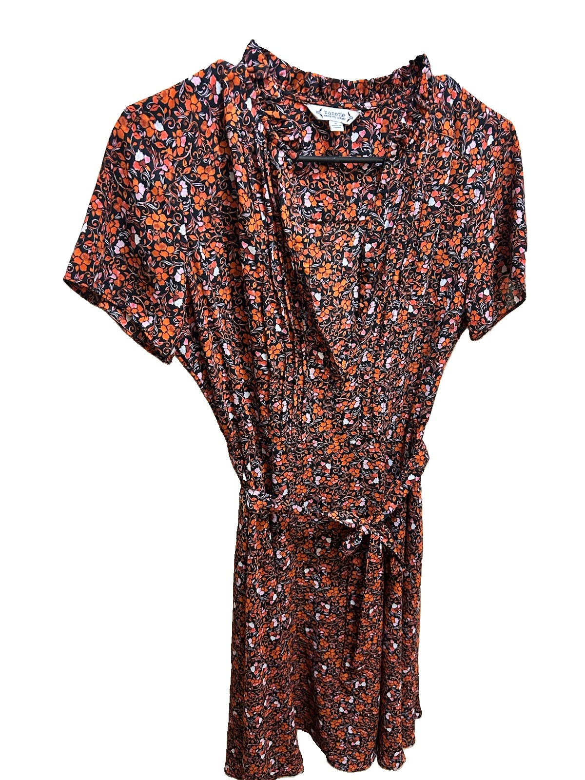 Nanette Lepore Floral V-Neck Tie Waist Midi Dress Short Sleeve M Black