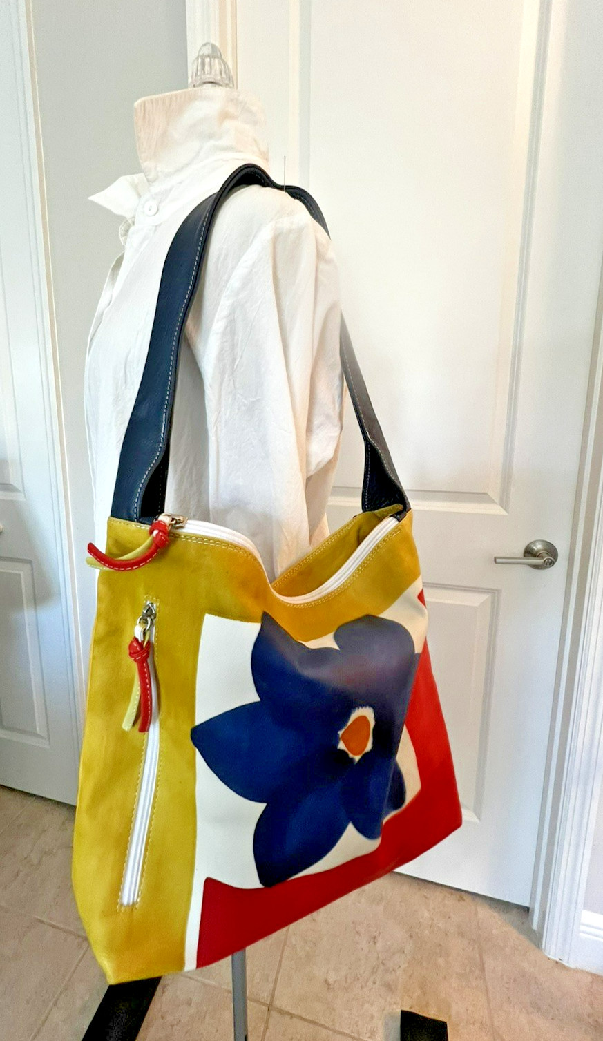 ASTORE Hand Painted Leather Bag Italy Colorblock Floral Shoulder Hobo Purse