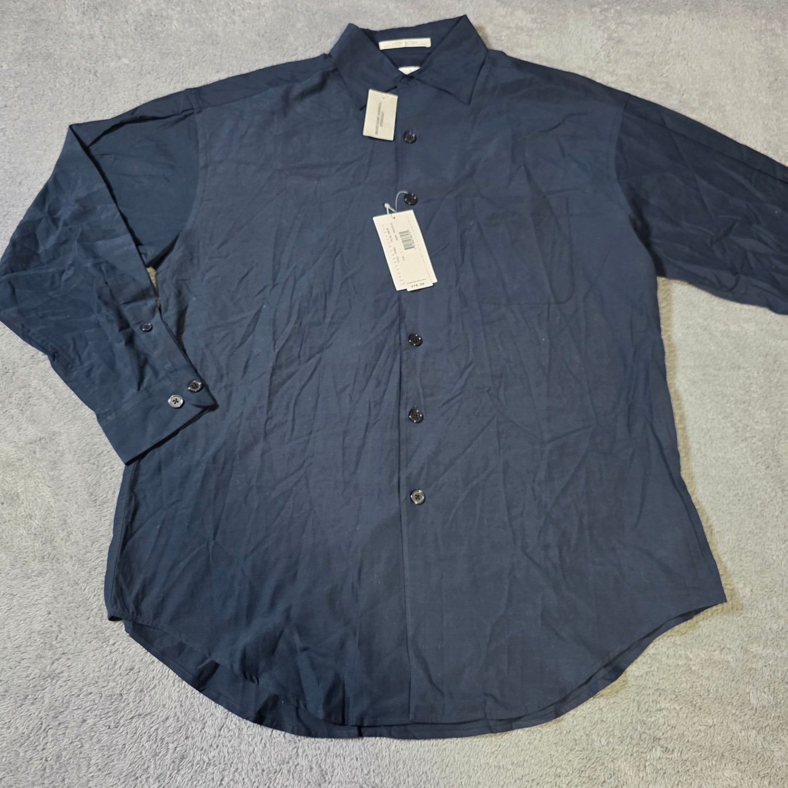Perry Ellis Mens L Button Down Shirt Marine Navy Silk Cotton Blend MF2652 NEW