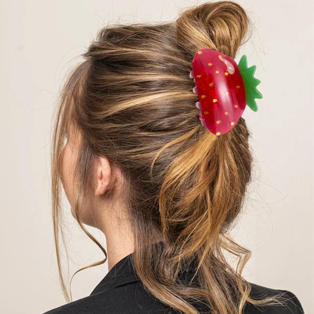 Strawberry Hair Clips for Women, Red and Green Fruit Design, And