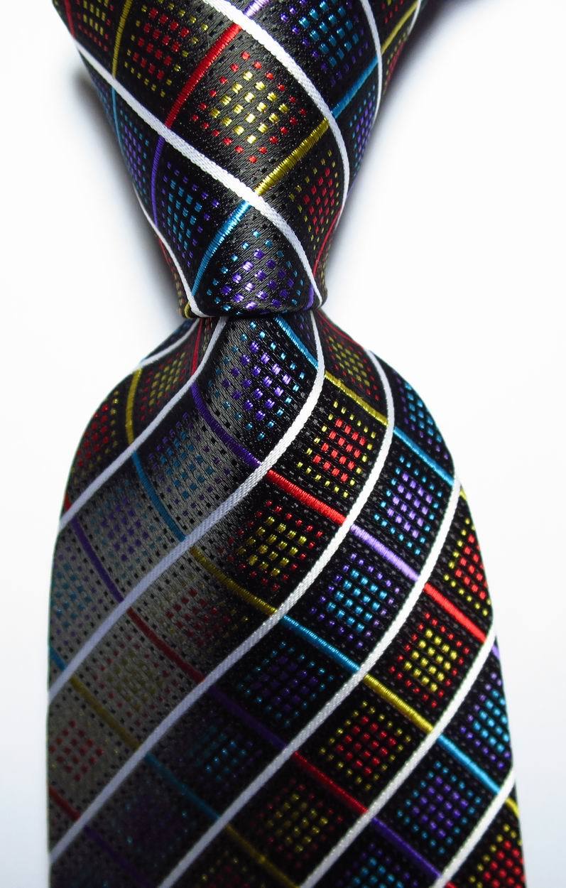 New Classic Checks Black White Red Blue JACQUARD WOVEN Silk Men’s Tie Necktie