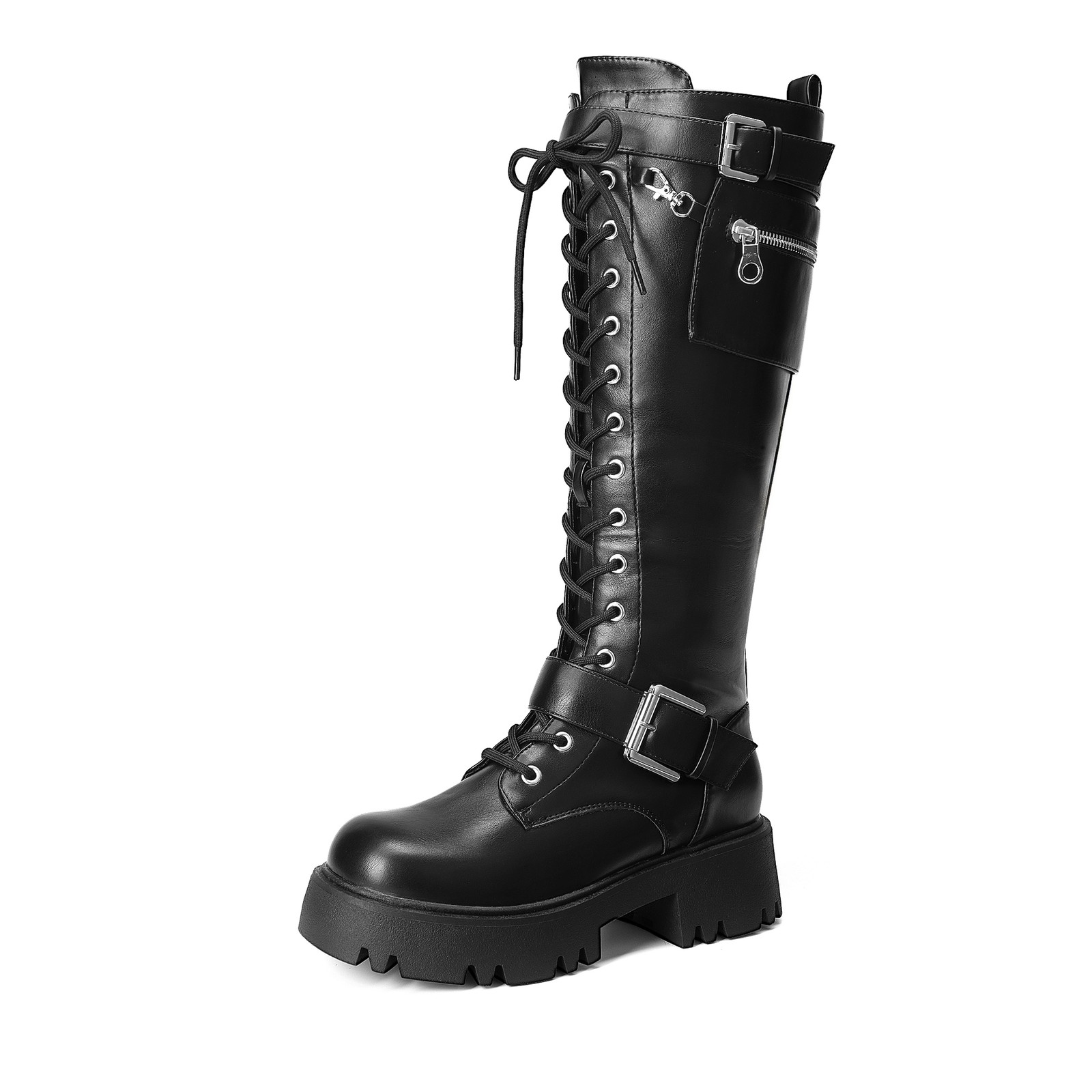 Women Combat Riding Knee High Boots Lace Up Side Zipper Motorcycle Boots