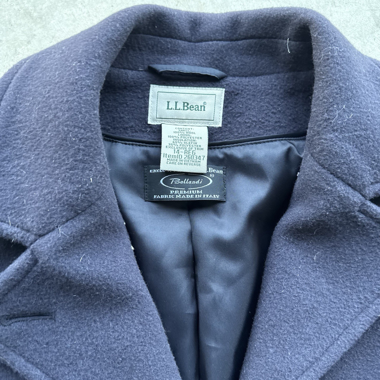 LL Bean Bellandi Italy Fabric Wool Coat Navy Sin Breasted Peacoat Women 14 R