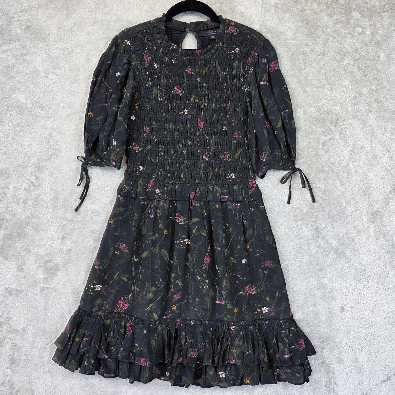 AllSaints Jaya Heligan Dress Womens 4 Black Floral Smocked Puff Sleeve Ruffle