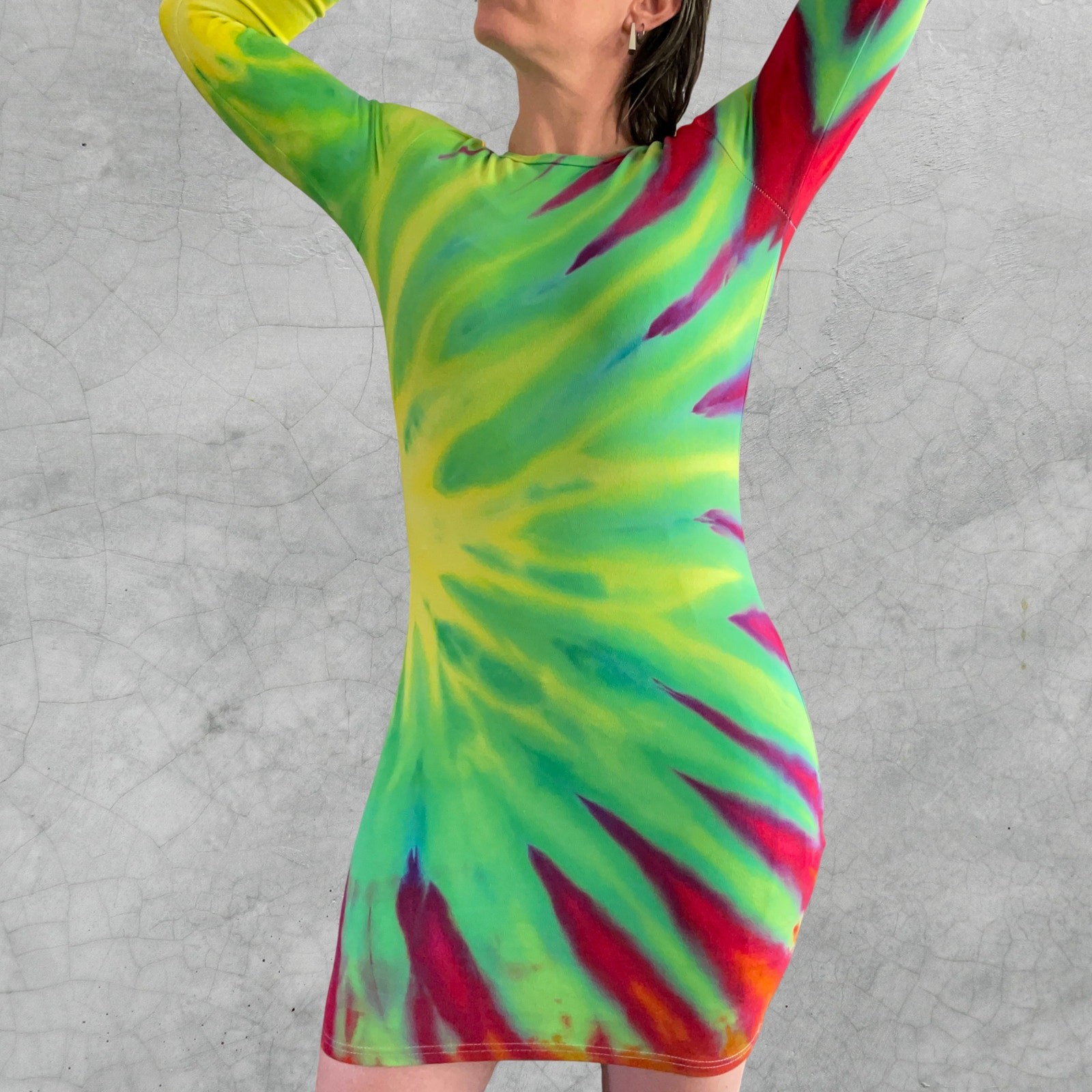 Ice Dyed Long-sleeve Dress – Tie Dye Hippie Boho Drippy Rainbow (Women’s Medium)