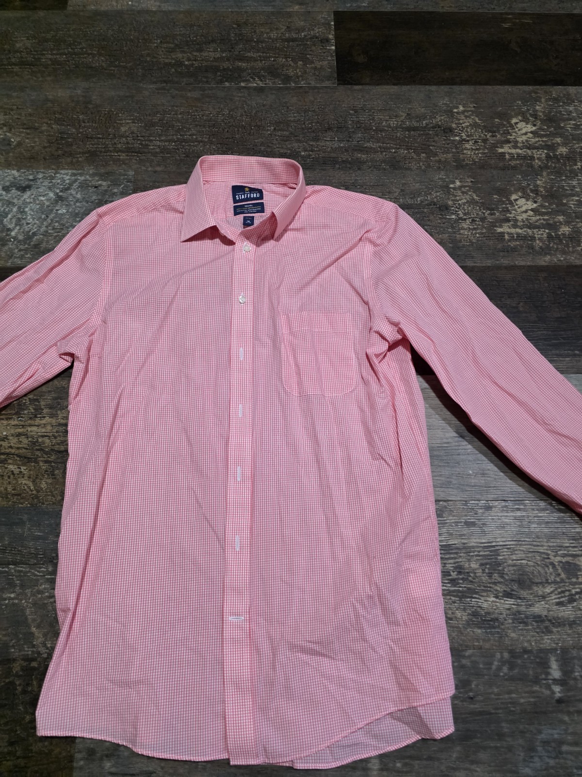 Stafford Travel Easy Care Fitted Pink White Check Dress Shirt 16/34-35