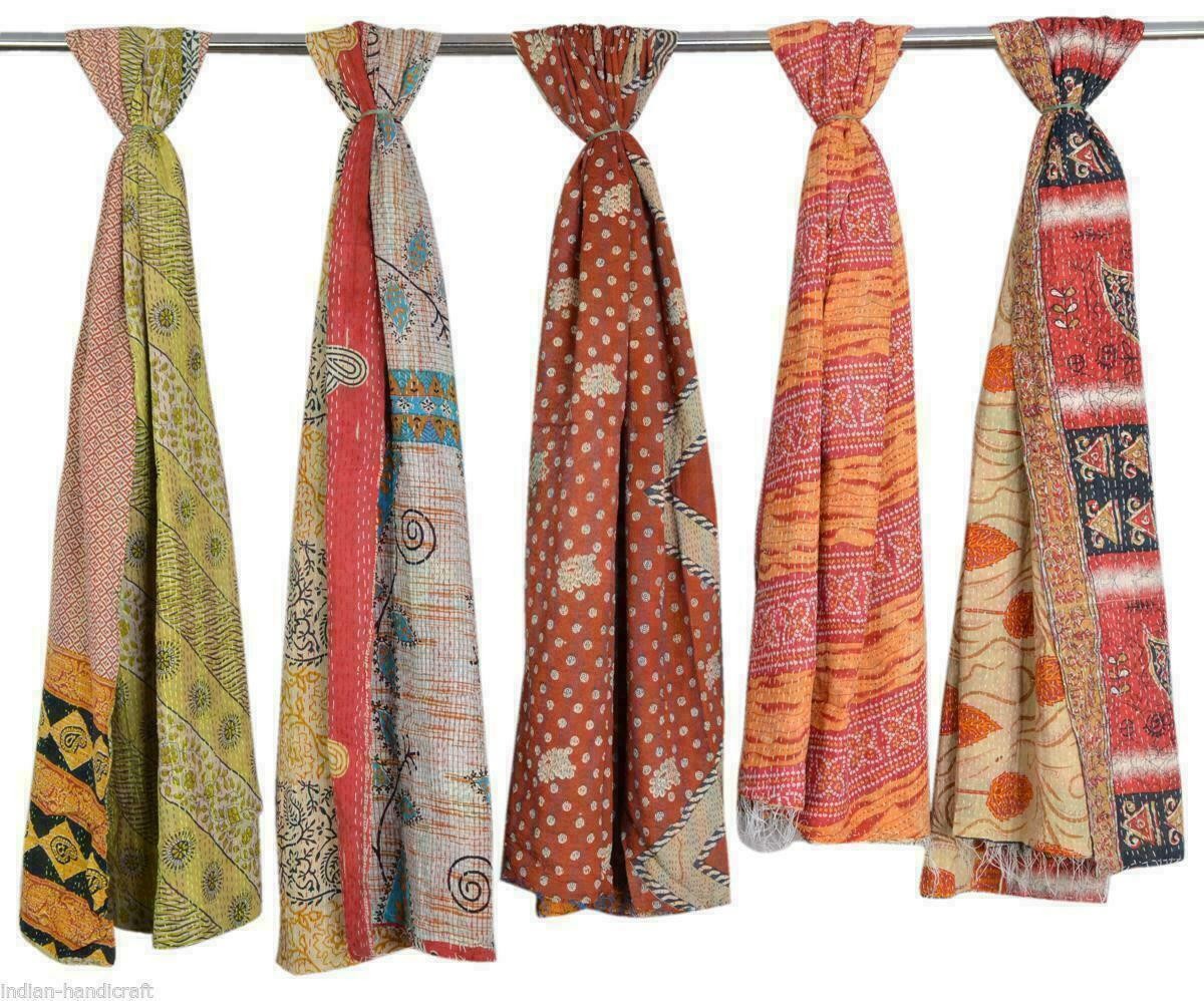 5 PC Lot Vintage Indian Kantha Scarves Handmade Cotton Stole Hippie Boho Scarf
