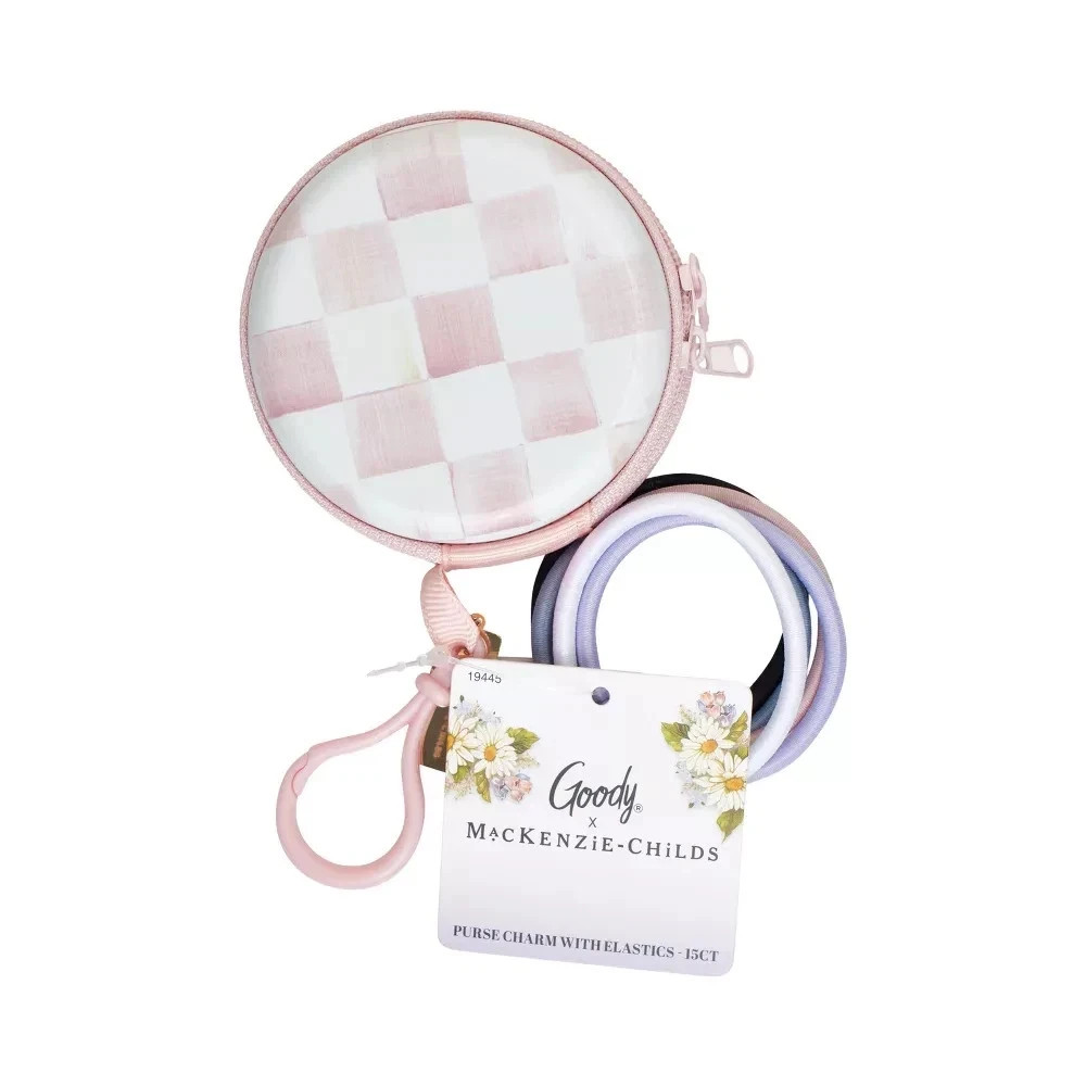 New MacKenzie Childs SET – Pink Check Claw Clip & Purse Charm Case Elastics