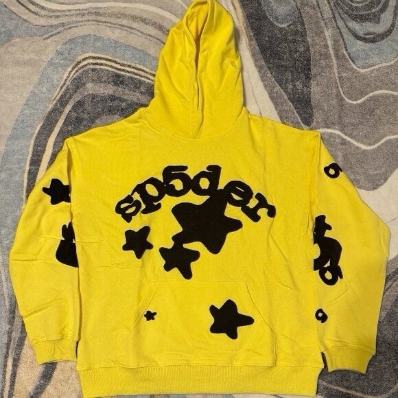 sp5der Men’s Yellow/Black Graphic Print Cotton Pullover Hoodie Hooded M