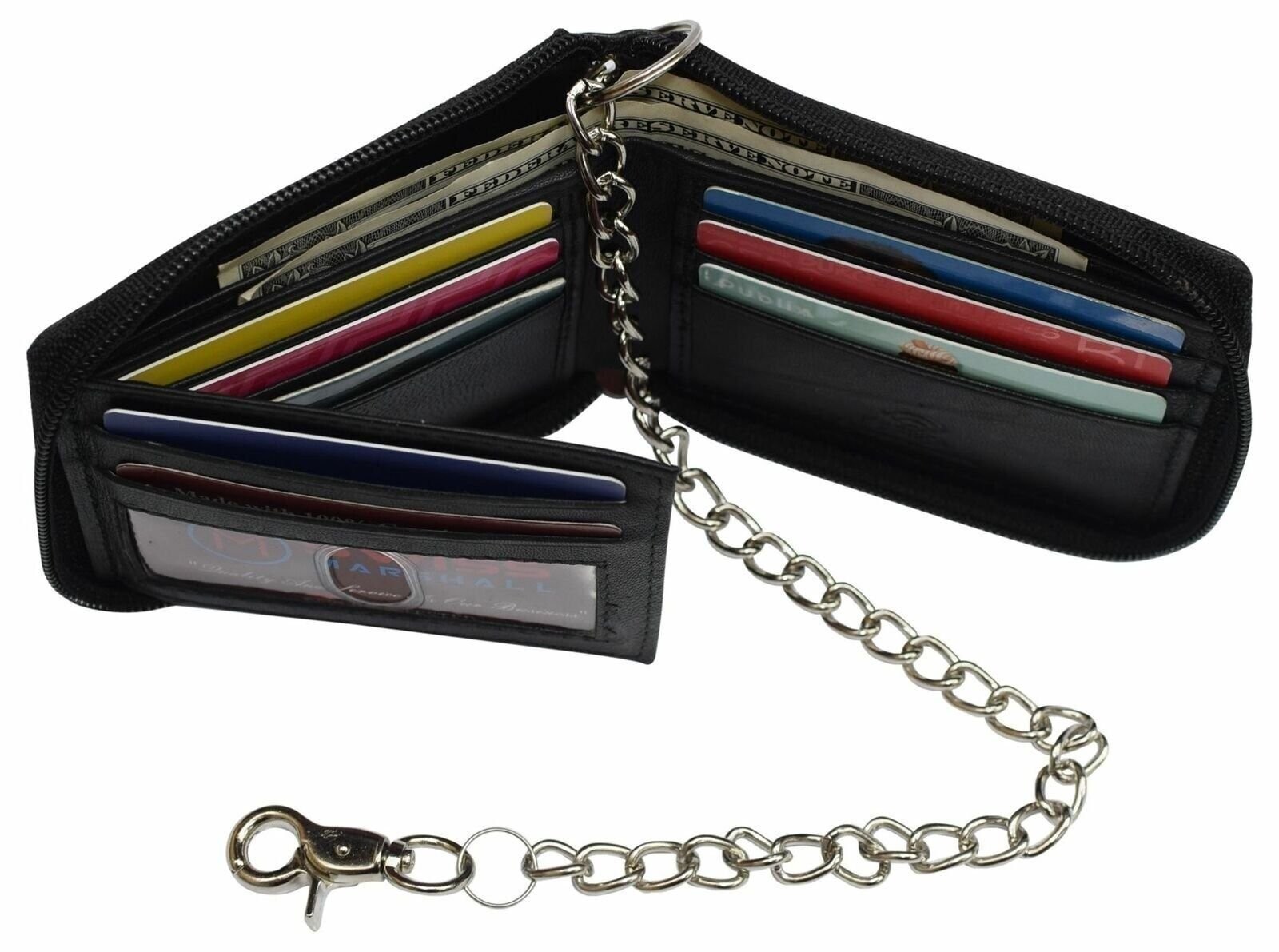 Men’s Zipper RFID Blocking Premium Leather Zip-Around ID Bifold Biker Chain Wall
