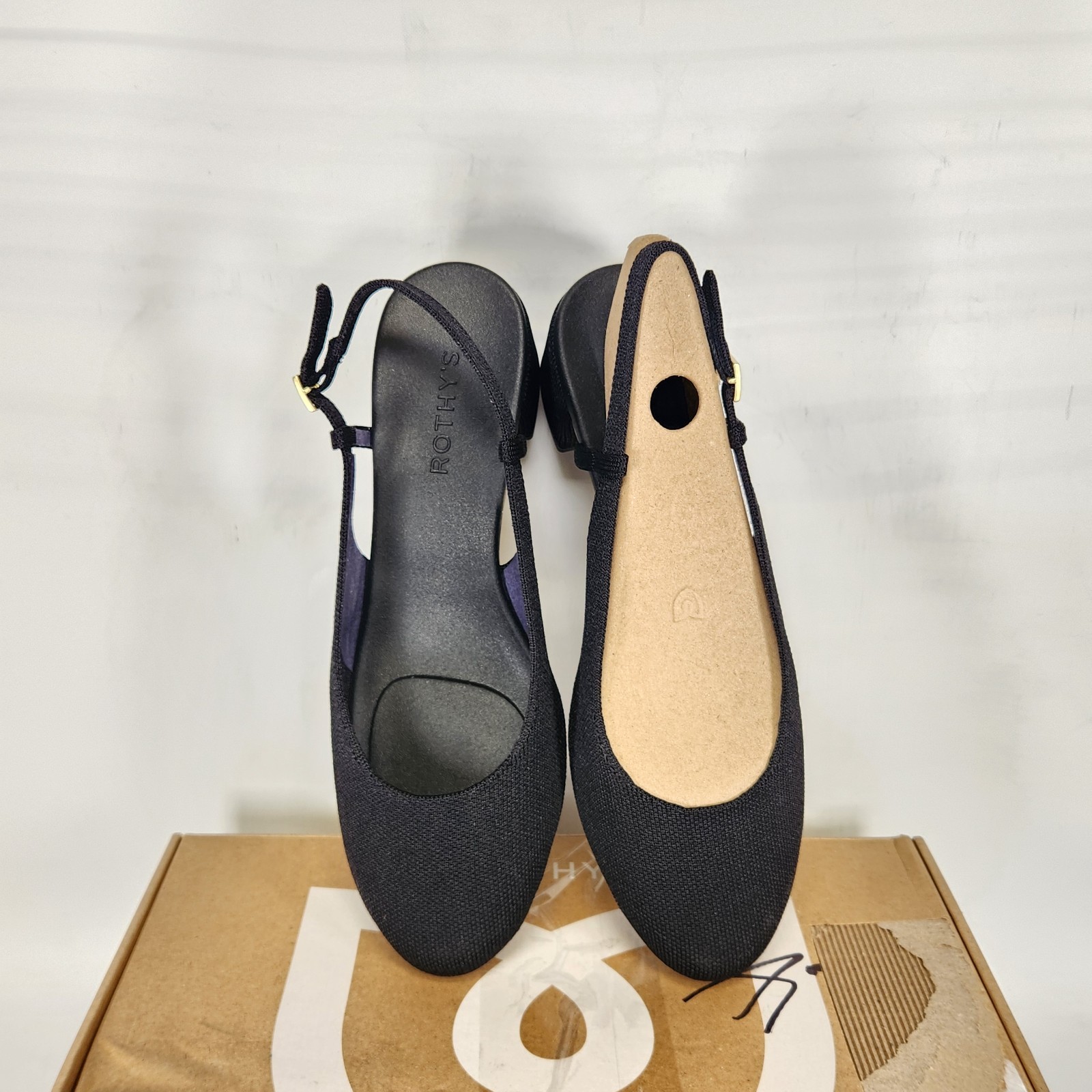 10.5 WOM – Rothys The Heel Ballet Slingback – Black Knit Stretch MID HEEL