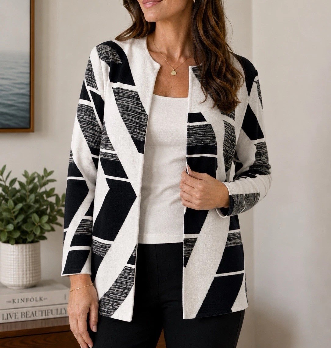 Ming Wang Open Front Cardigan Sweater Small Black White Geometric Knit