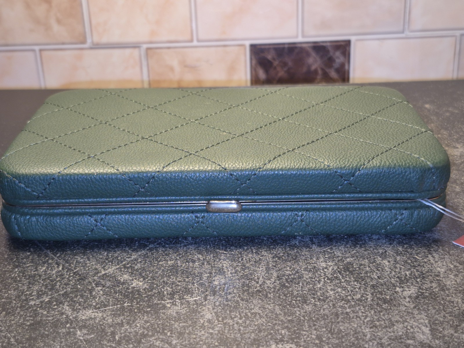NWT Merona Green Quilted Womens Clutch Wallet 7.75″ X 4.5″ 2 Tiny Flaws