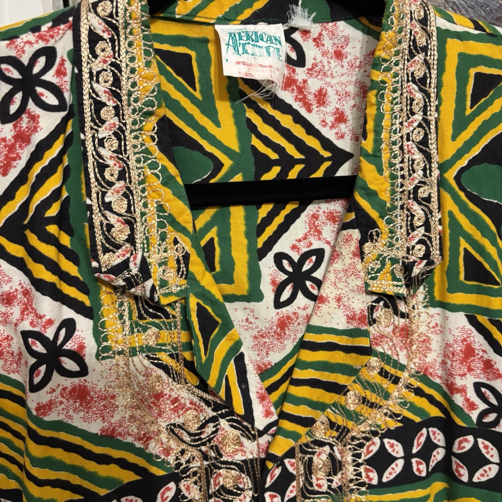 Vtg 90s Charles Smith Kenya 100% Cotton Embroidered Tunic Shirt Pockets L