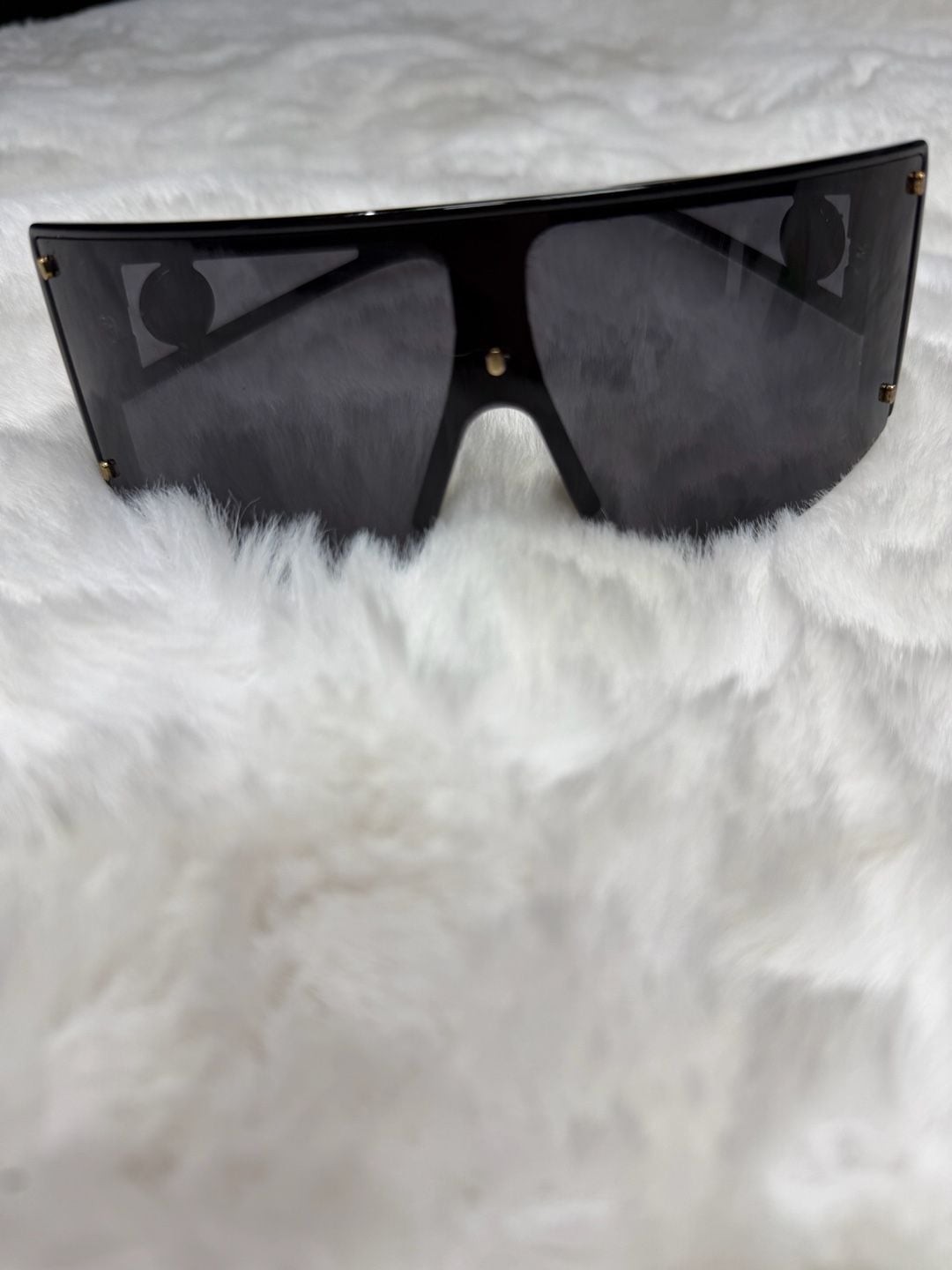 Oversized Shield Wrap Sunglasses with Medusa-Style Emblem Detail
