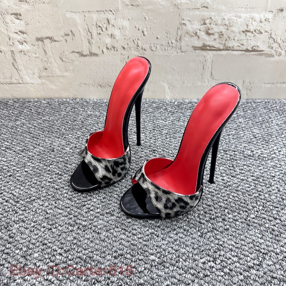 16/14cm High Heeled Slippers Leopard Patent Leather Slides Fetish Cross-Dressing