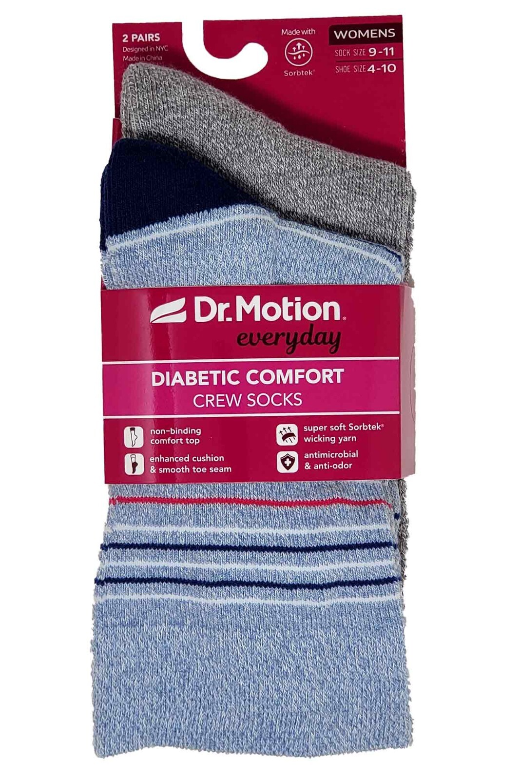 Women Comfort Non-Binding Half-Cushion Crew Diabetic Socks Dr Motion (2 pack)