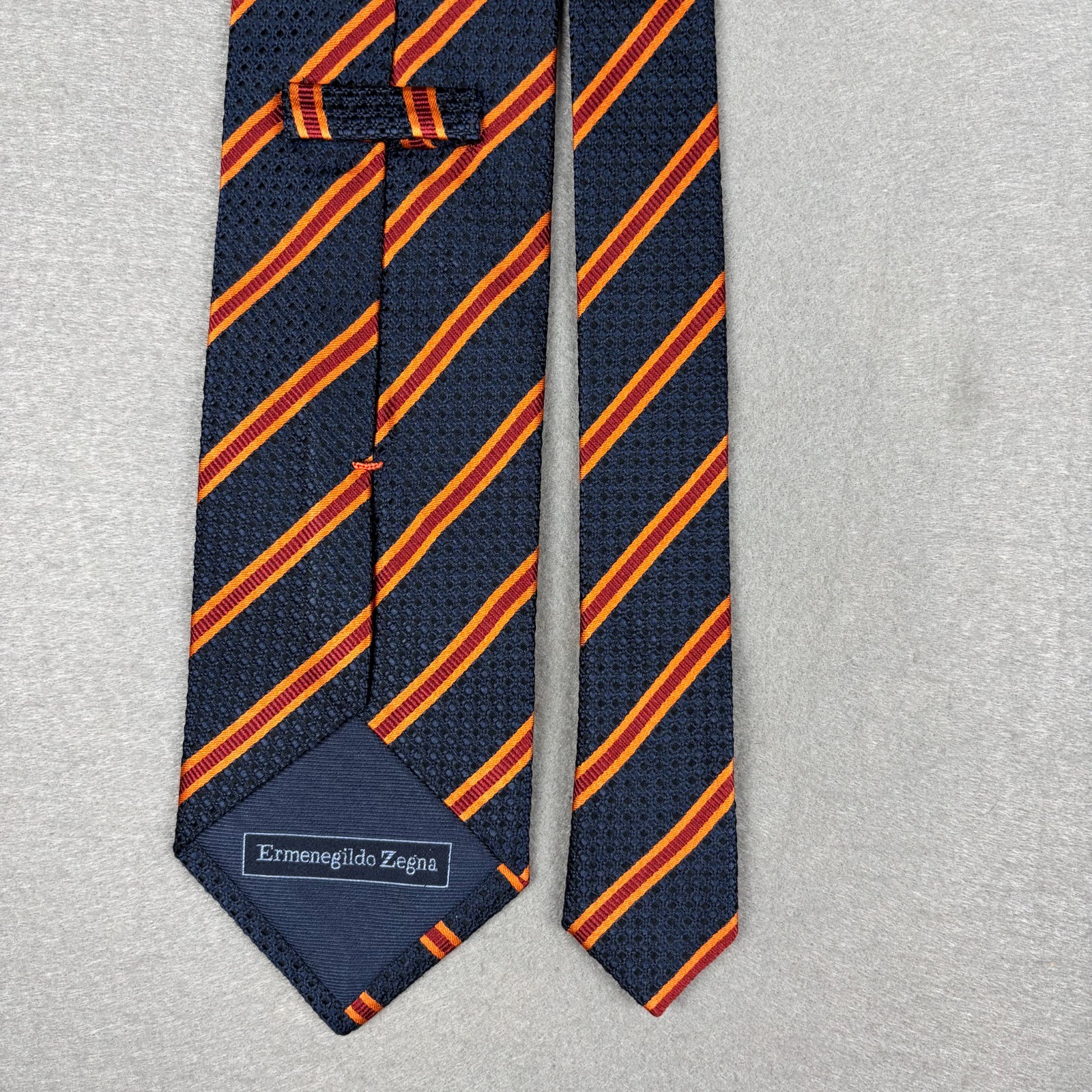 Ermenegildo Zegna Silk Tie Navy Blue Orange Burgundy Stripe Made in Italy 3.5″