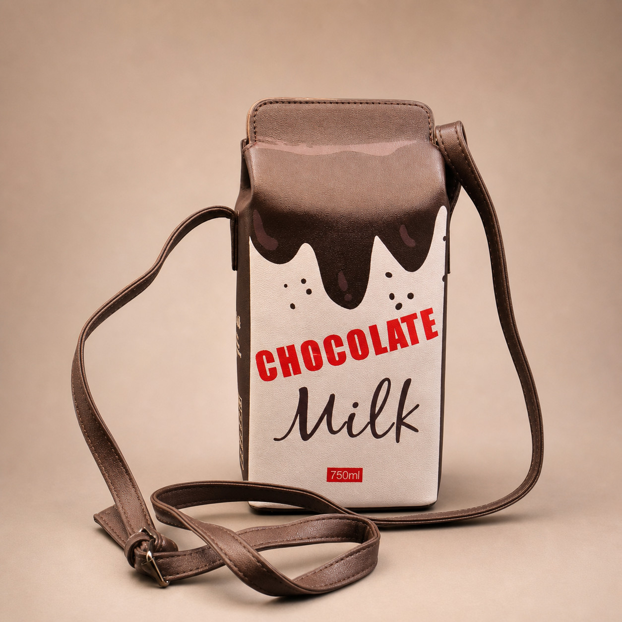Chocolate Milk Carton Crossbody Bag Novelty Brown Faux Leather Food Purse