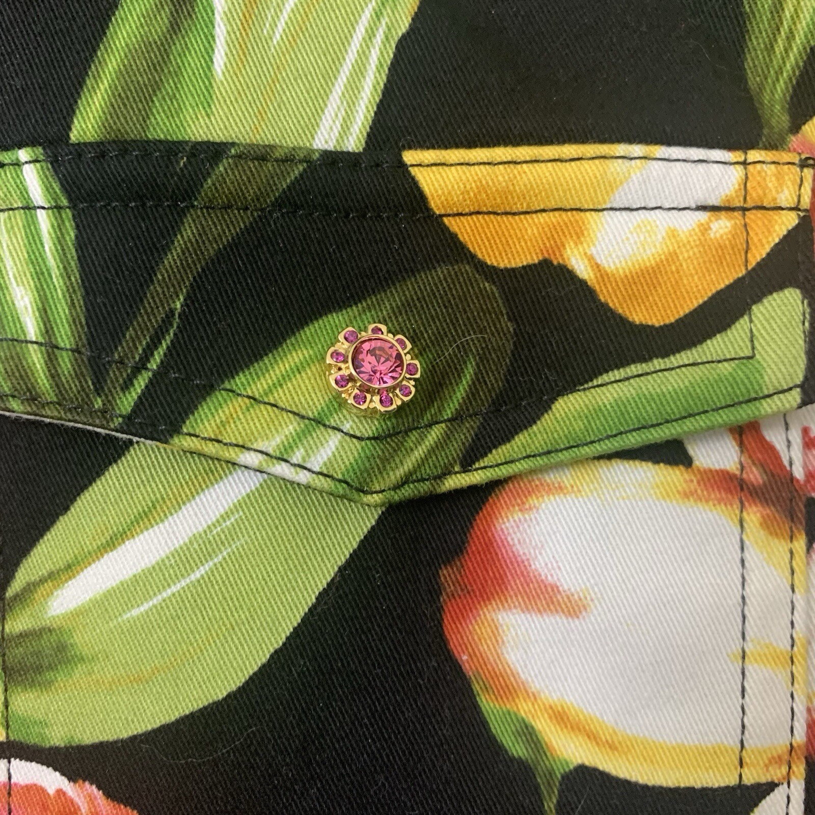 Rare St. John By Marie Gray Women’s Denim Jacket Small Black Floral Pink Jewels