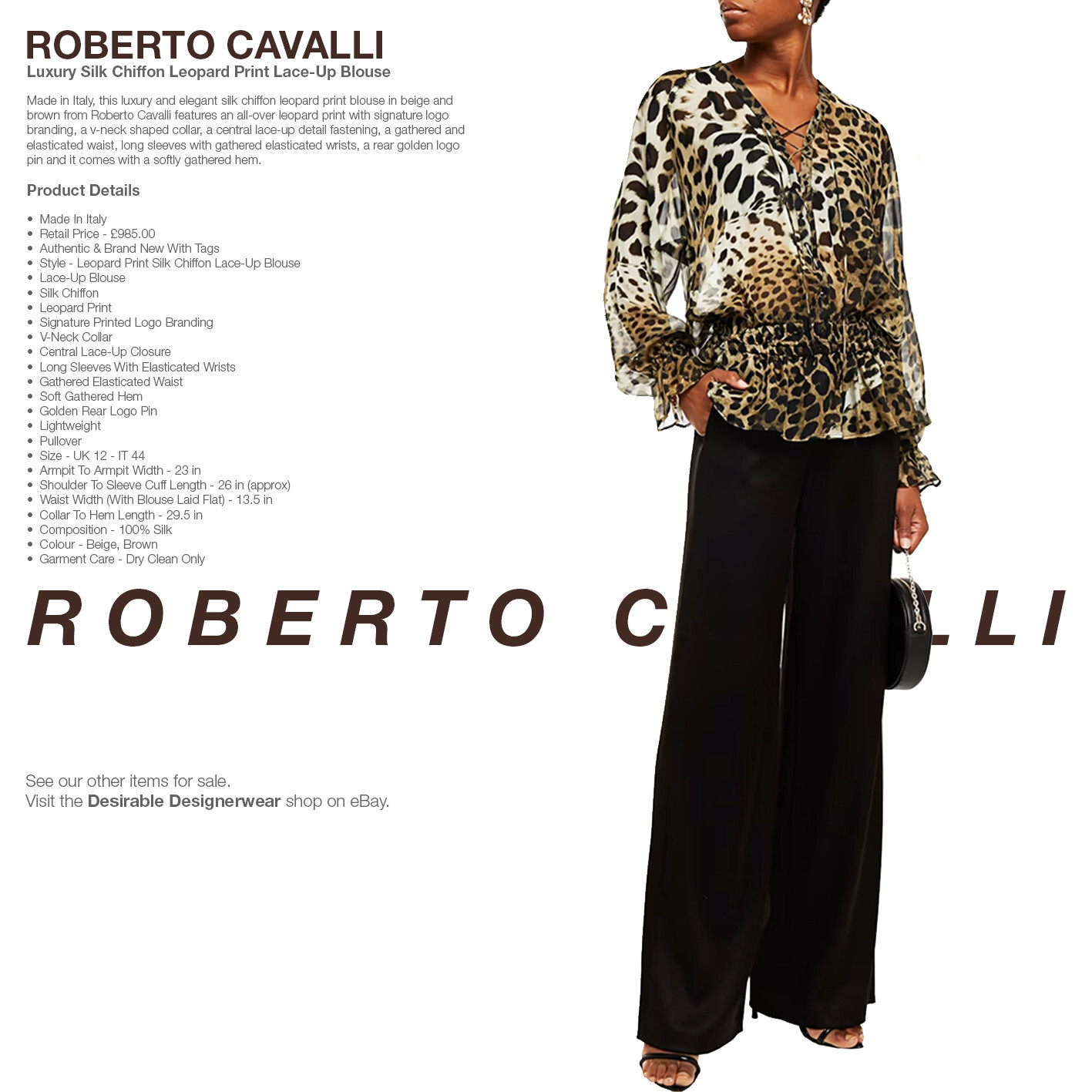 ROBERTO CAVALLI Blouse Leopard Print Silk Lace Up Blouse Size 44 – RP £985.00