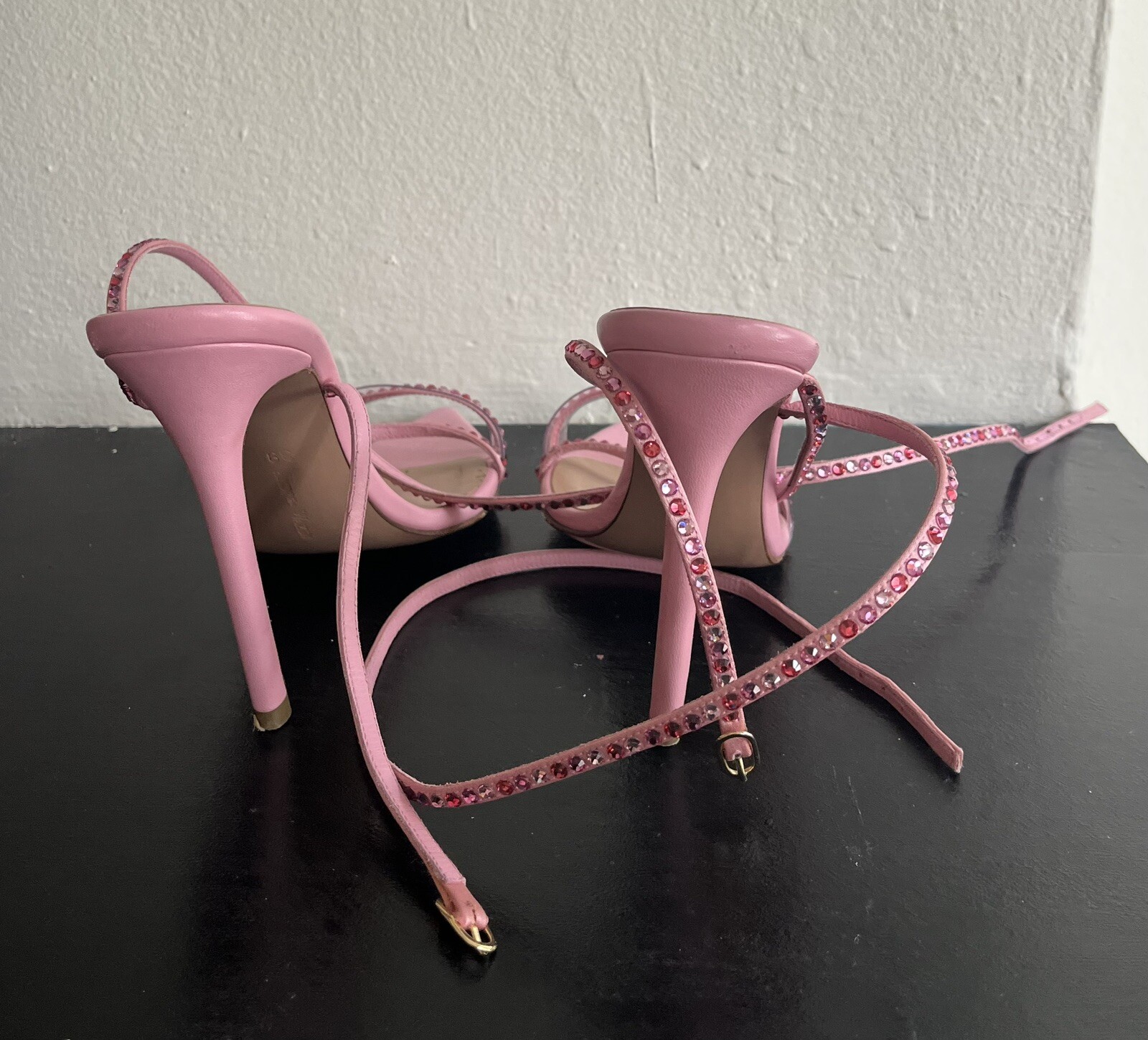 Andrea Wazen Dassy Crystal Pink Leather Heeled Satin Sandals Size 39