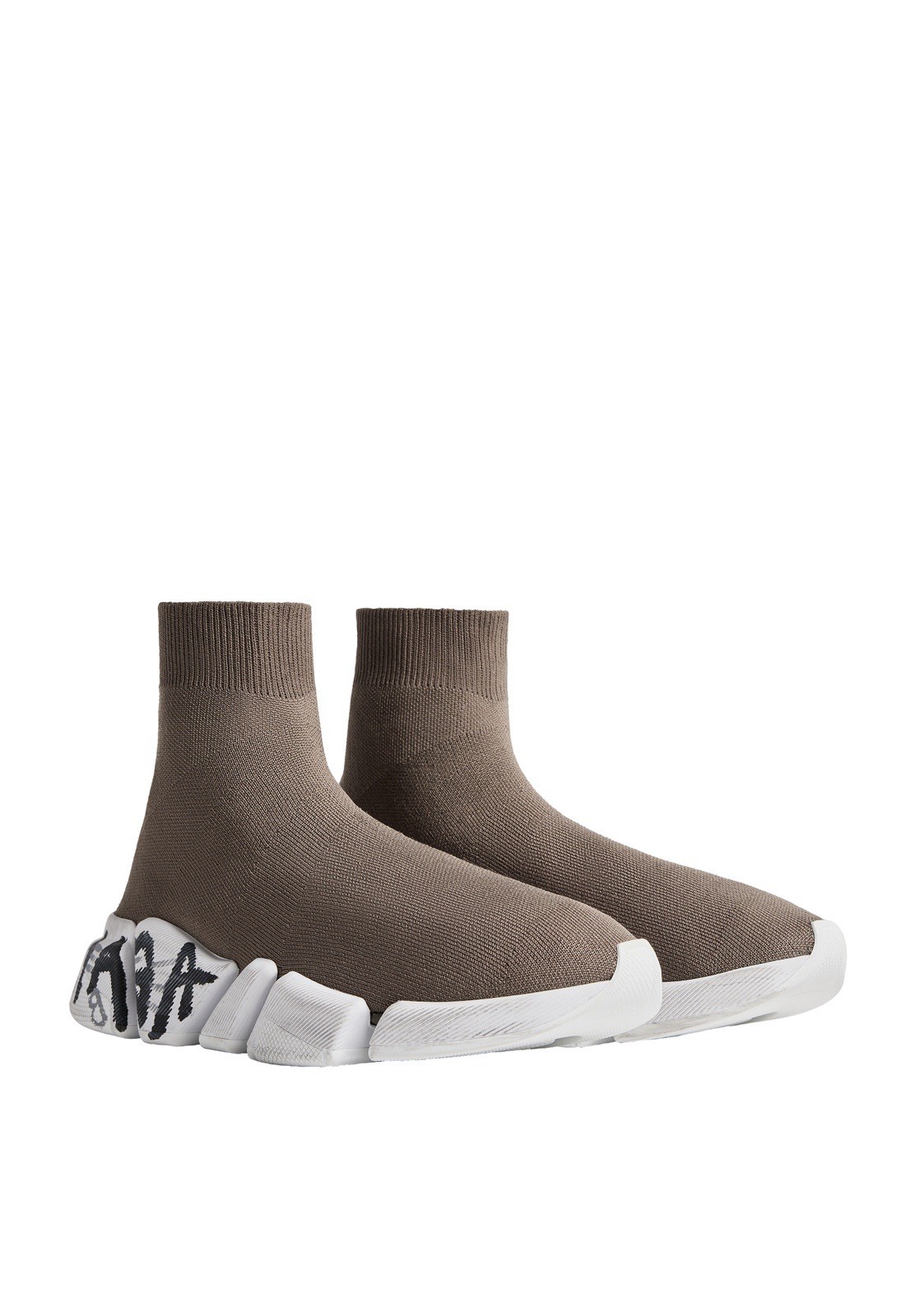 Balenciaga Speed Mid-Top Slip-On Sock Sneakers Brown/White Graffiti Logo
