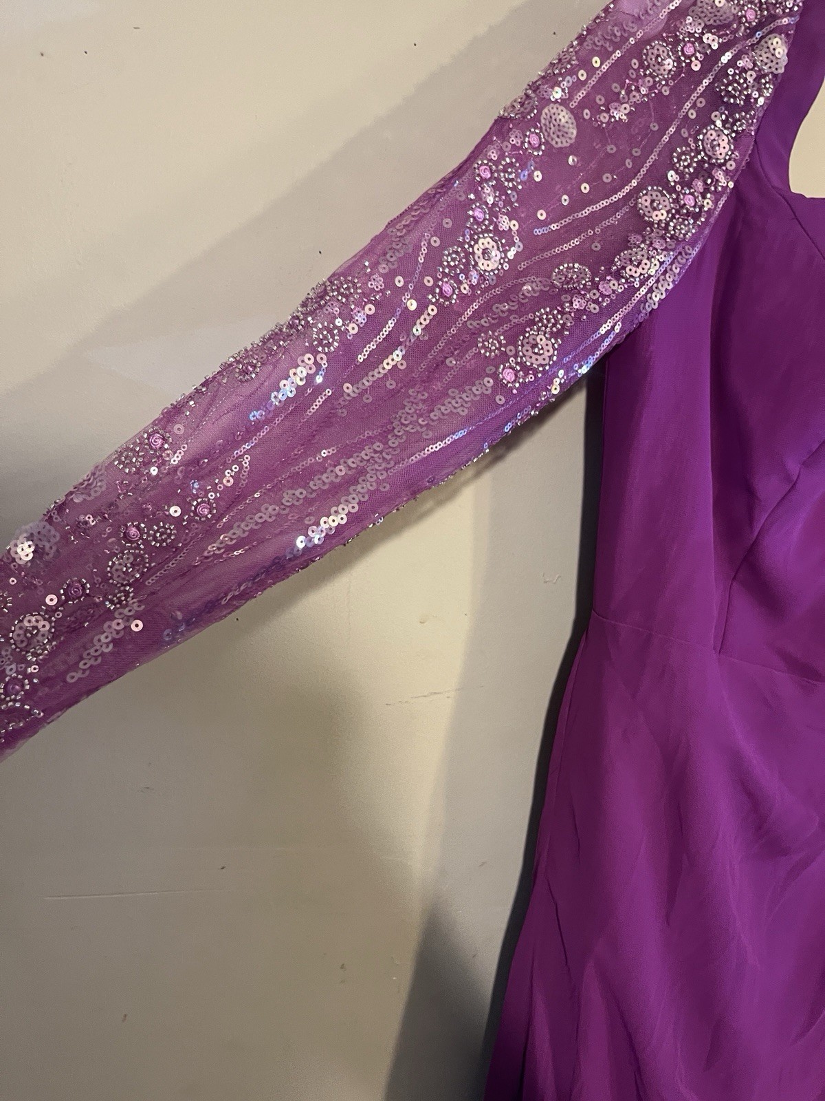 Da Vinci Purple Chiffon Bridesmaid Dress Long Sleeve Size 14 Style 55464