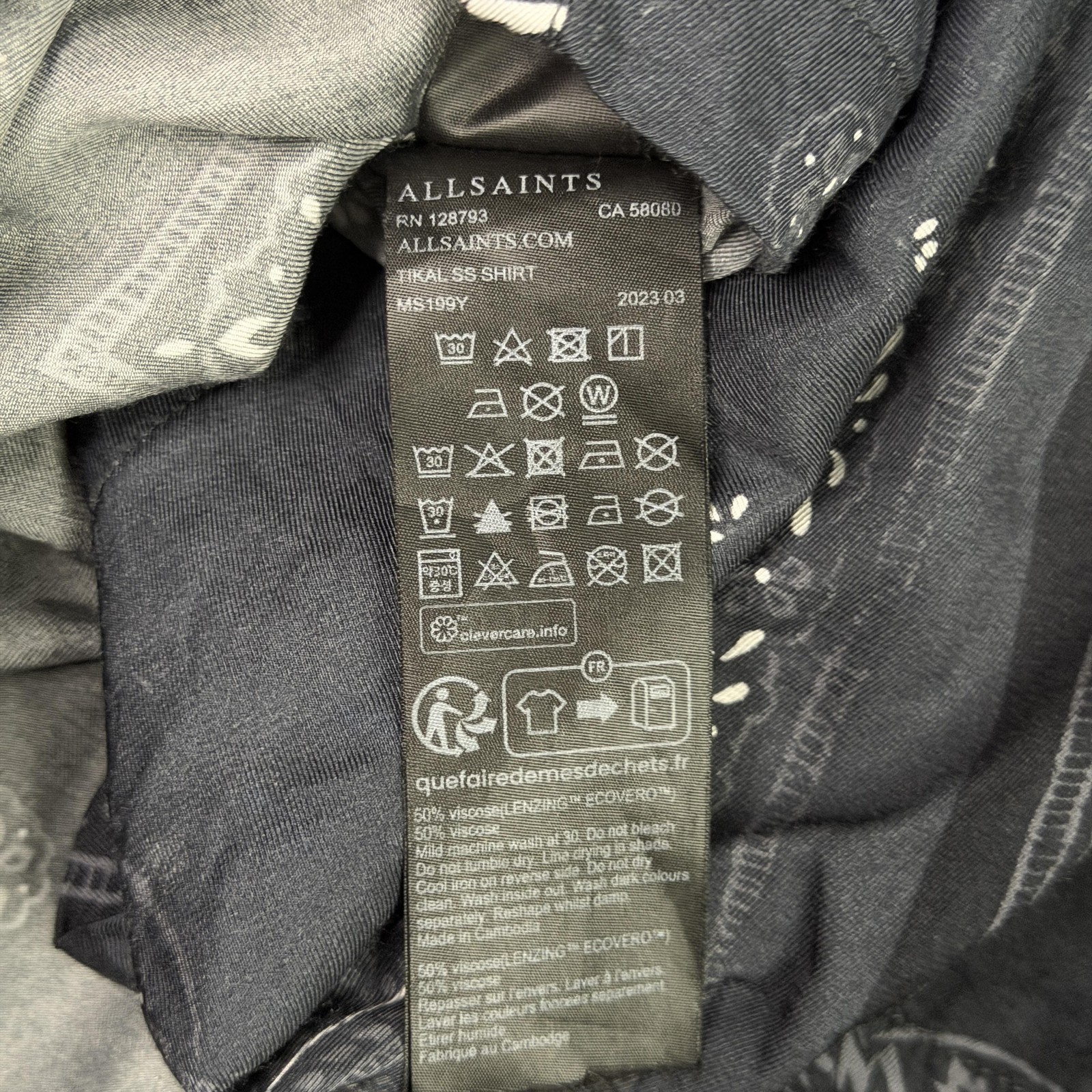 AllSaints Shirt Mens M Black Paisley Button Up Short Sleeve Relaxed Fit
