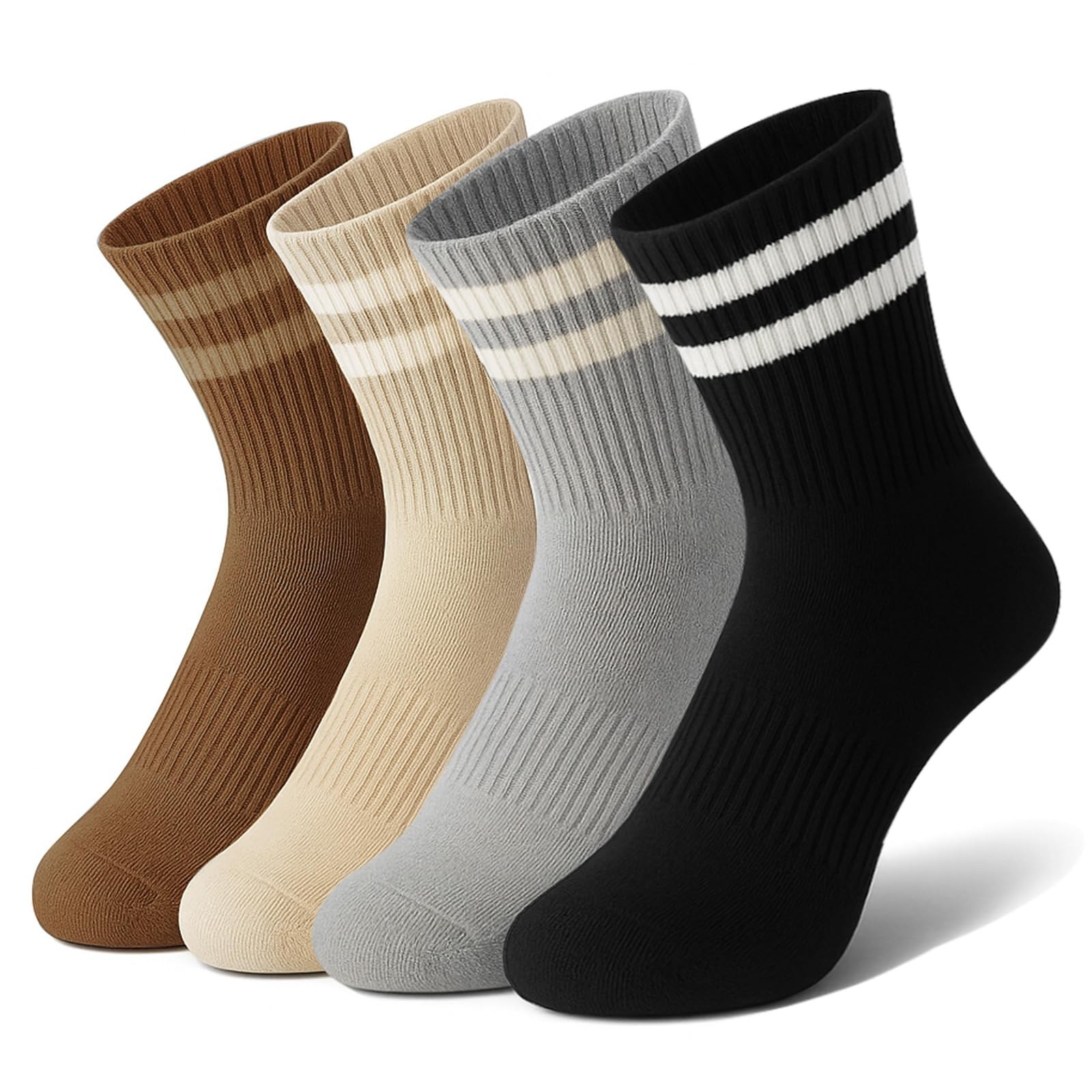 4 Pairs Womens Striped Crew Socks, Cozy Cute 4 Pairs-black/Grey/Khaki/Coffee