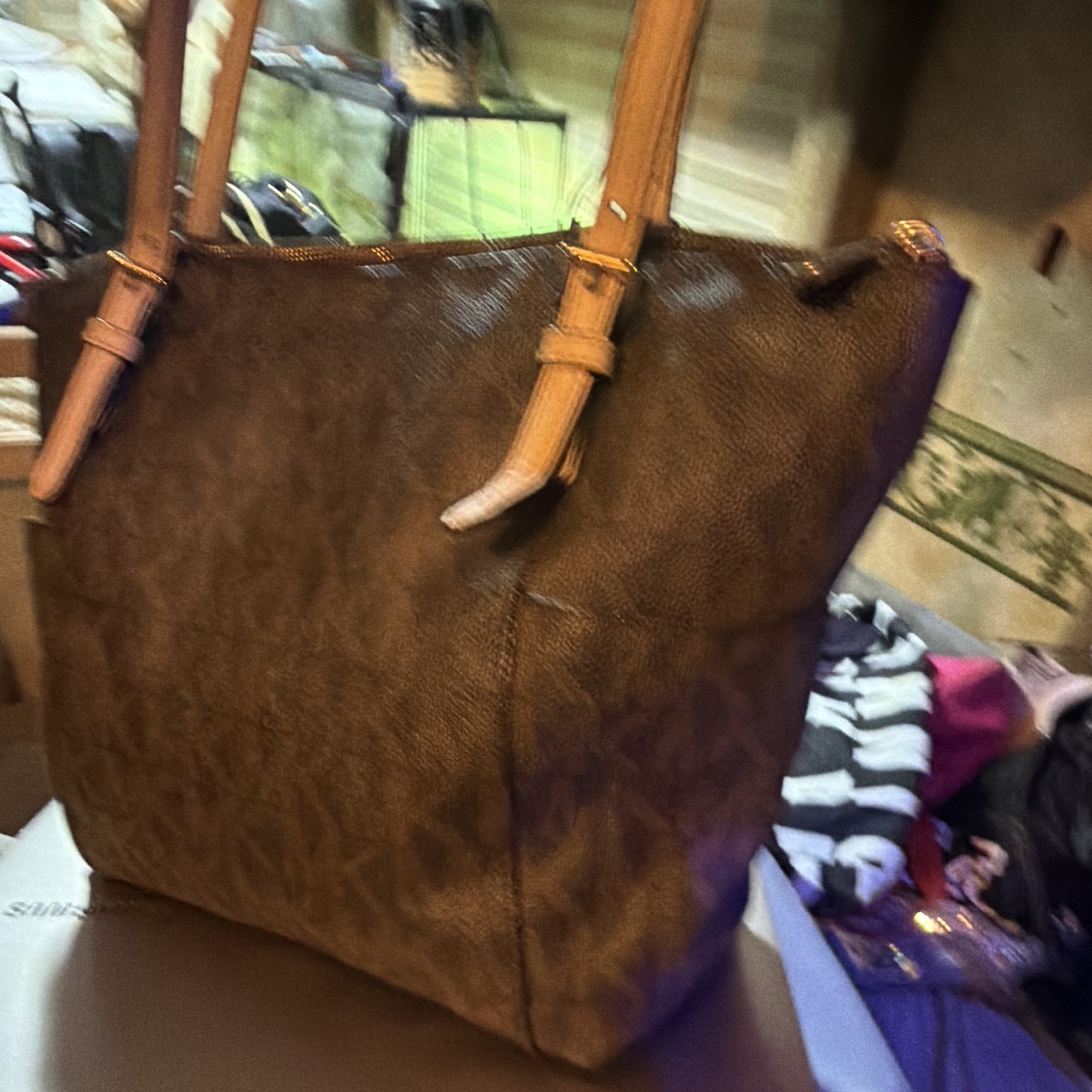 Michael Kors Brown Large Tote Logo Pattern Zip Top Gold Hardware Bag Charm