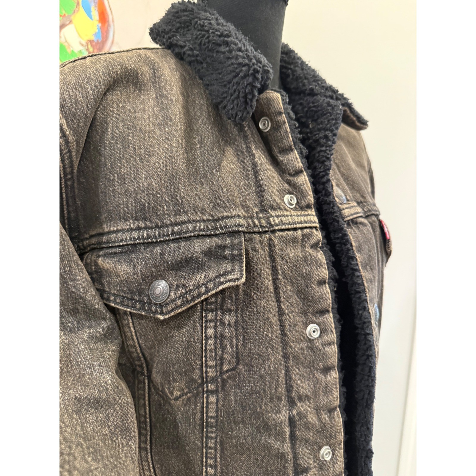 Levis Mens Sherpa Trucker Jacket Black Denim Faux Fur Lined Coat