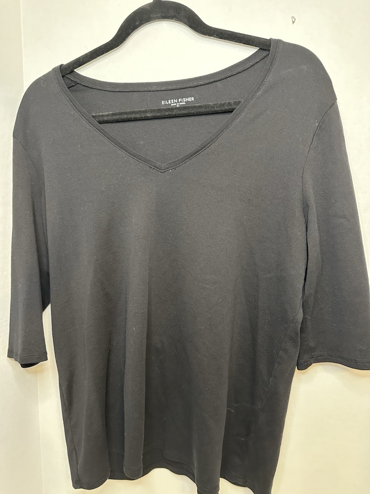 Eileen Fisher Top XL Organic Cotton V-Neck Elbow Sleeve Black Shirt