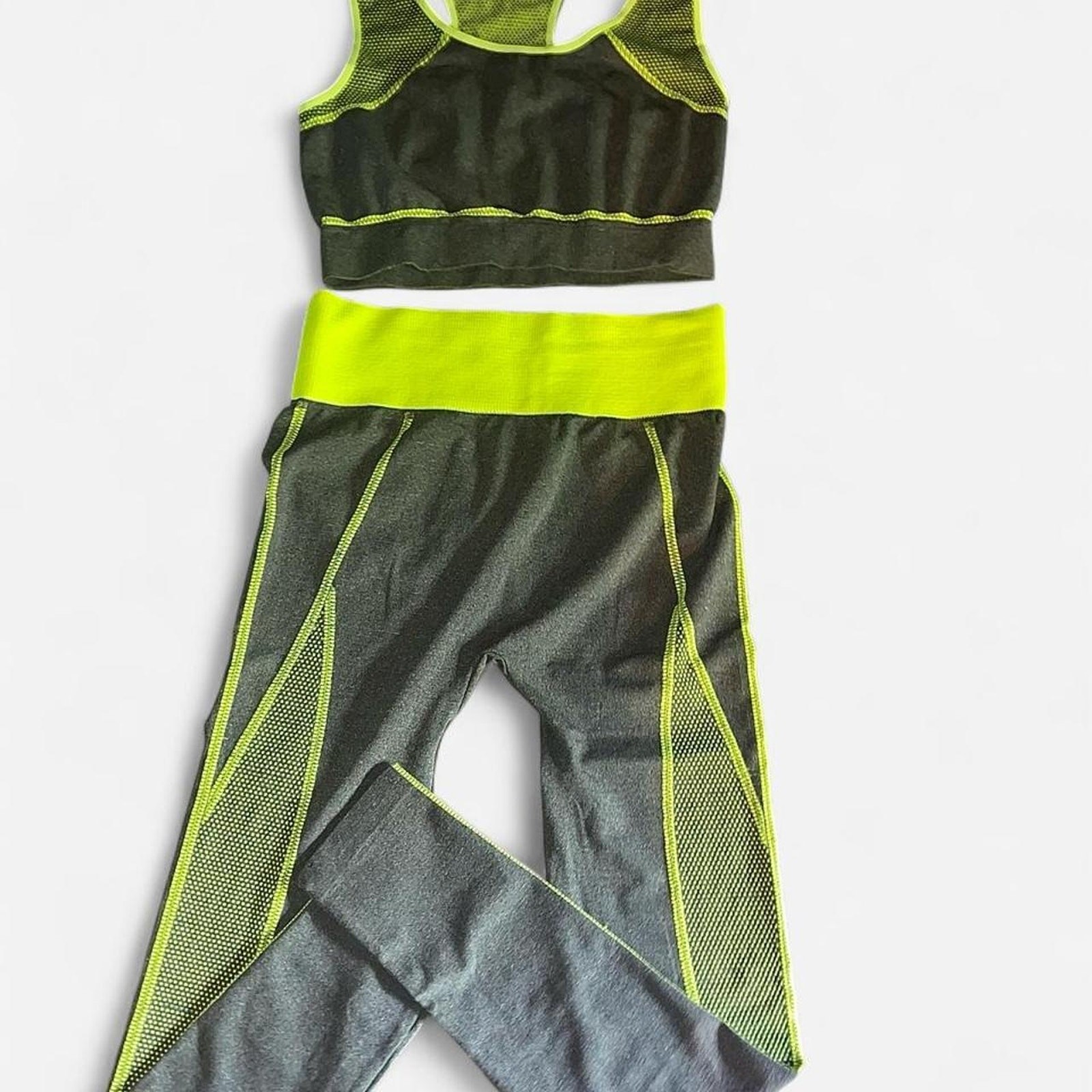 Blue Star Neon Yellow Lime Charcoal Leggings Sports Bra Set – Size L/XL