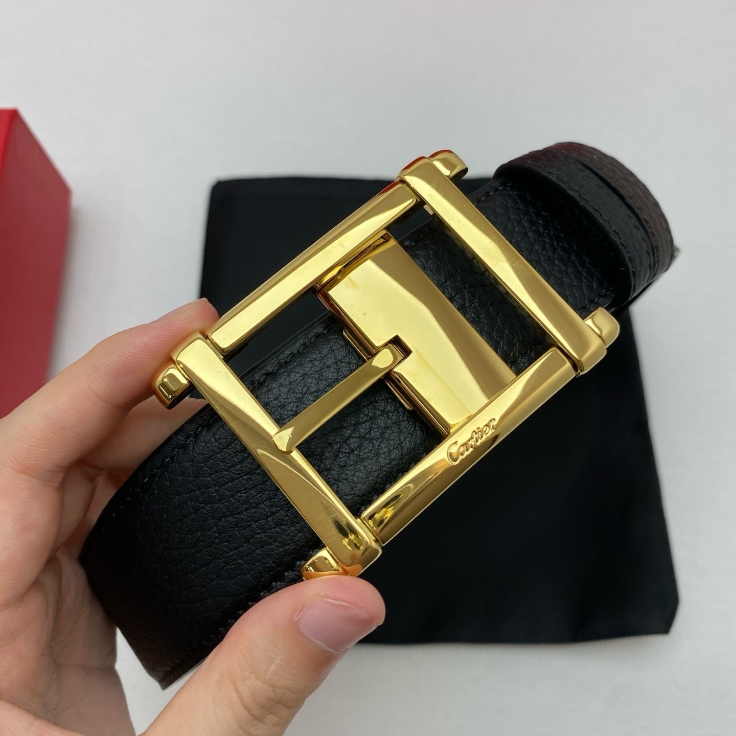 Cartier Black and brown double-sided cowhide men’s Gold buckle belt