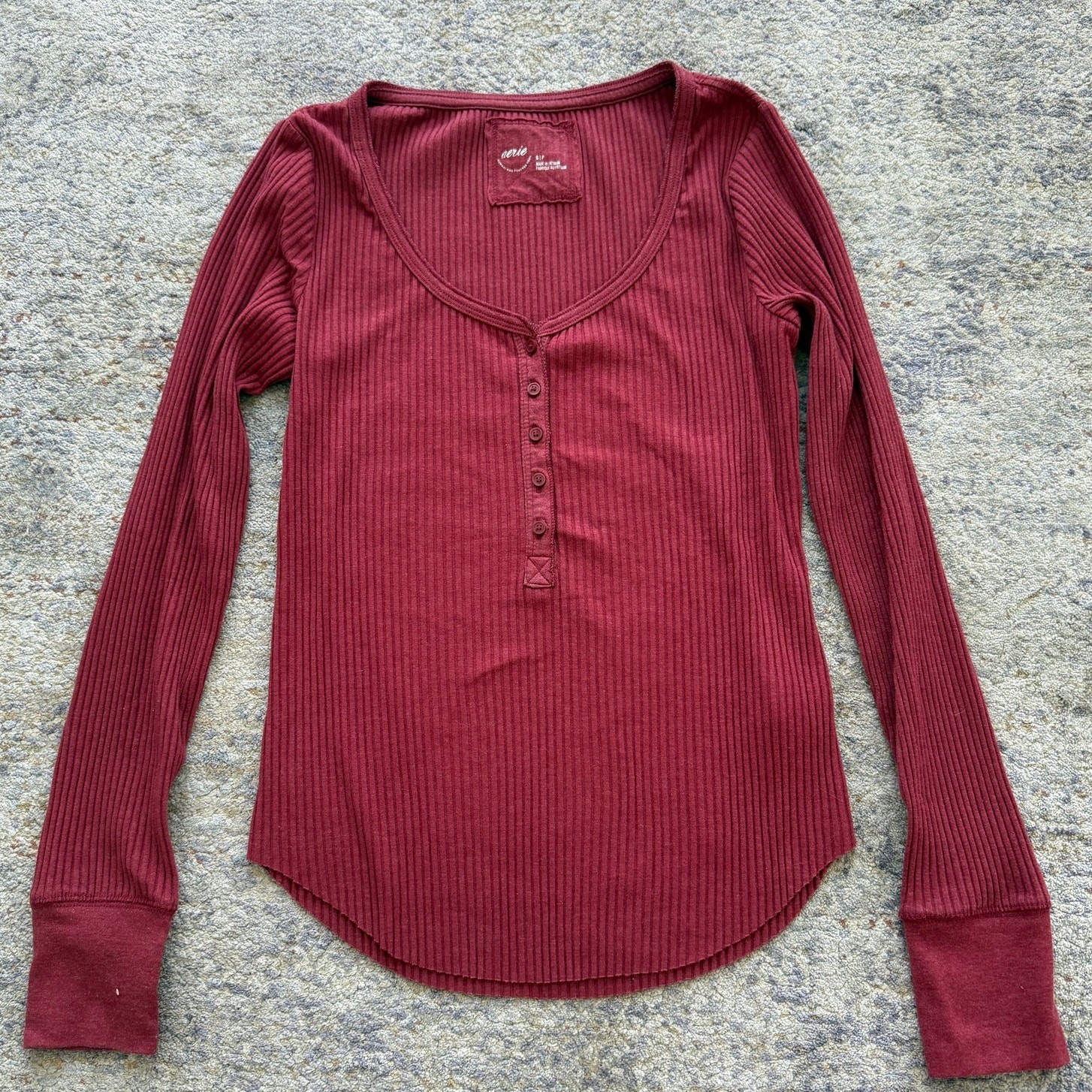 Aerie Womens Small Petite Burgundy Ribbed Henley Shirt Long Sleeve Stretch