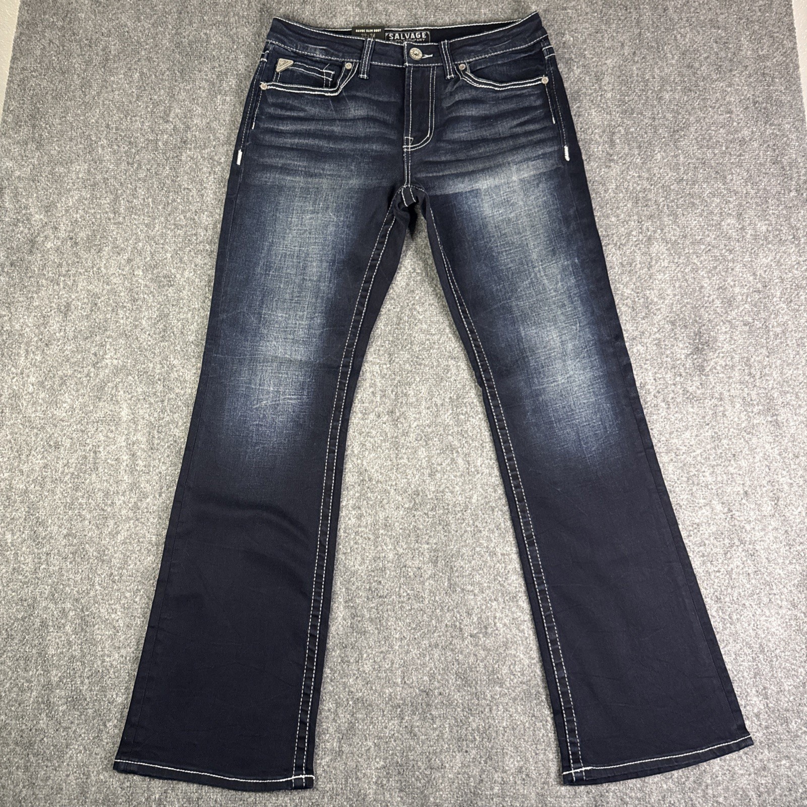 Salvage Buckle Jeans Men’s Havoc Slim Fit Boot 32×34 Whisker Stretch Dark Wash