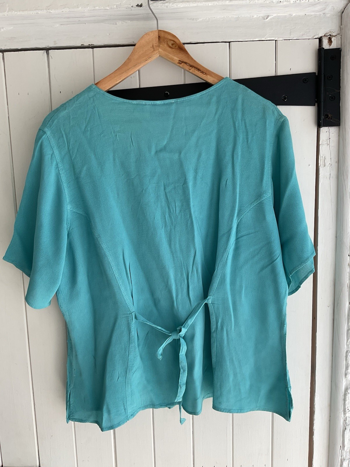 LIBAAS Turquoise Embroidered Button Front Chiffon Blouse Round Neck L/XL
