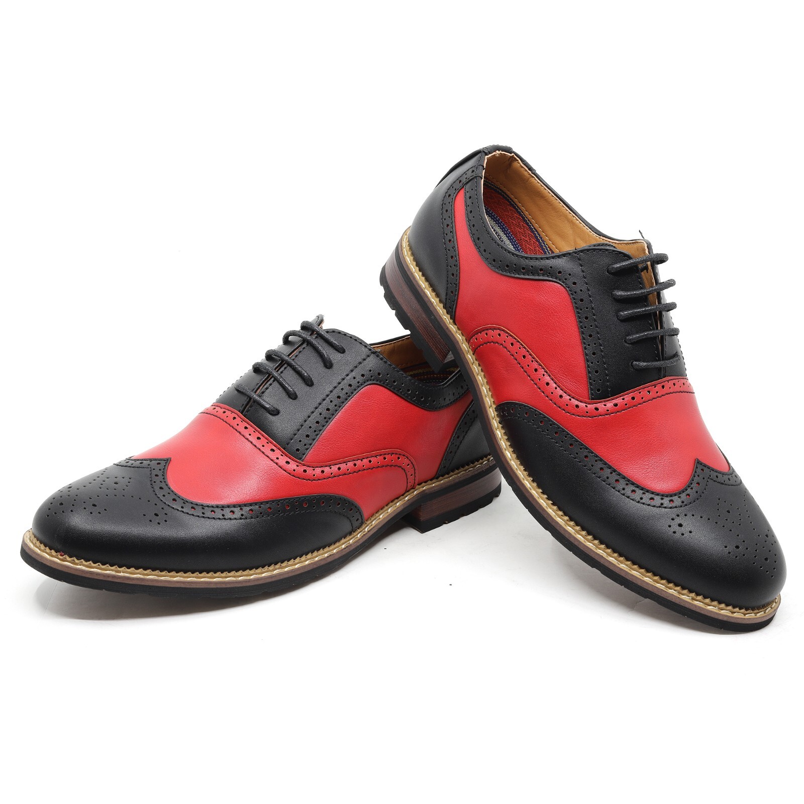 Black Red Men’s Two Tone Perforated Wing Tip Lace Up Oxford Dress Shoes
