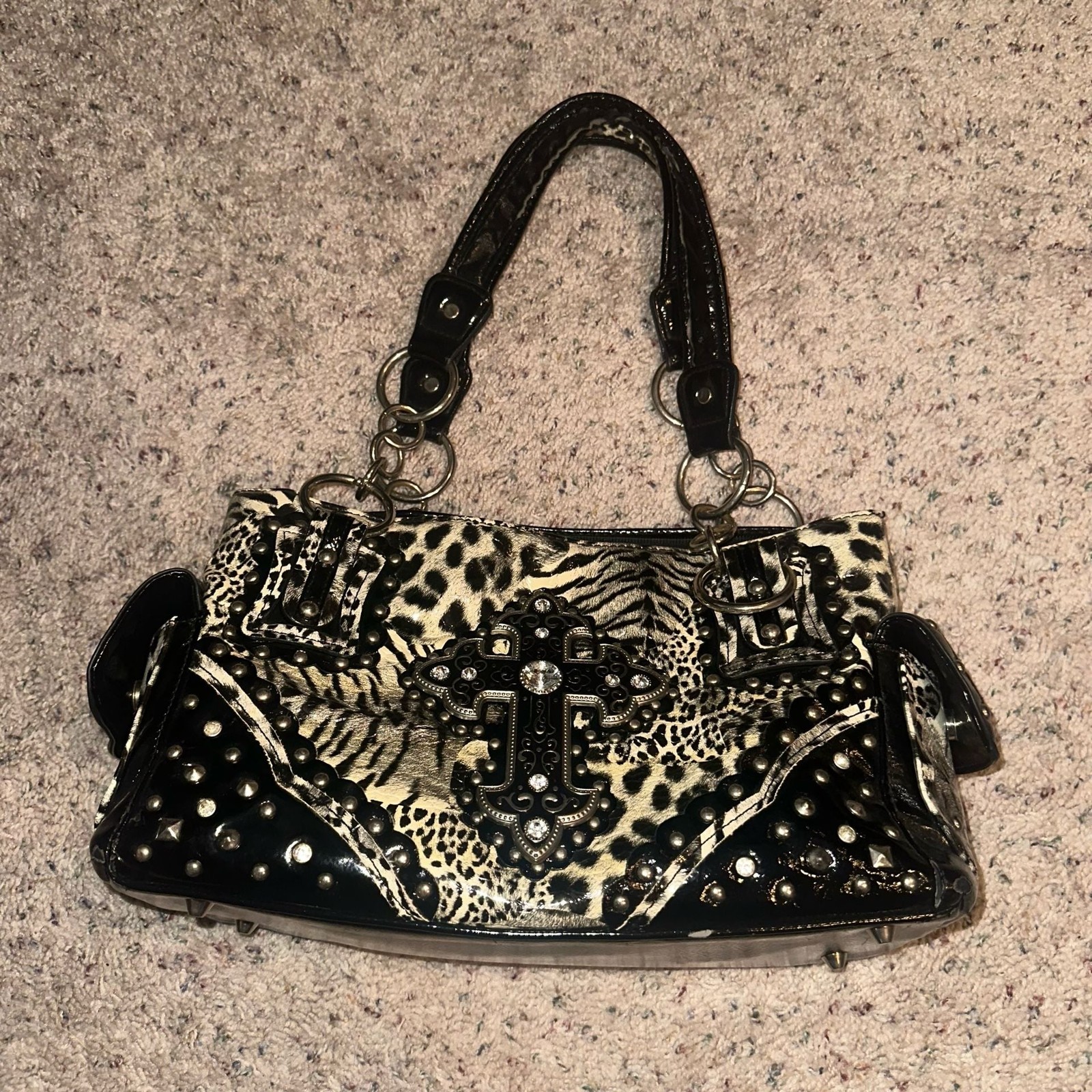 Texas West Western Cross Leopard Print Studded Handbag with Rhinestone Accents