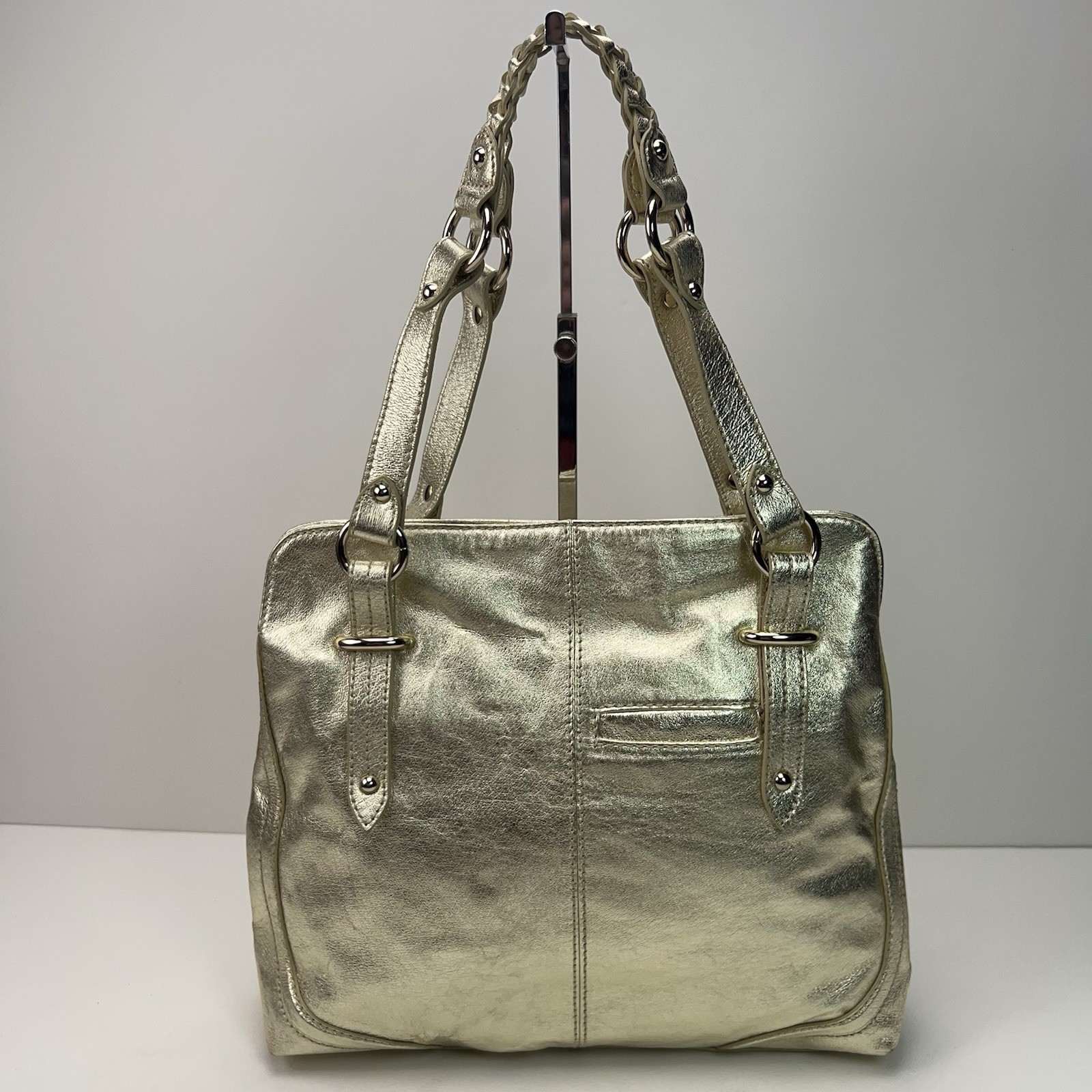 THE SAK Metallic Gold Leather Shoulder Purse Dividers Studded Hobo Handbag Bling