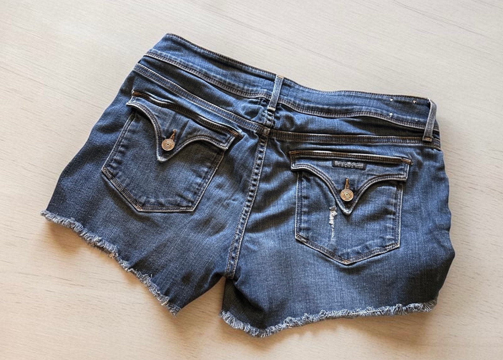 Hudson Jeans Distressed Raw Hem Mid-Rise Denim Cut-Off Shorts with Flap Pockets