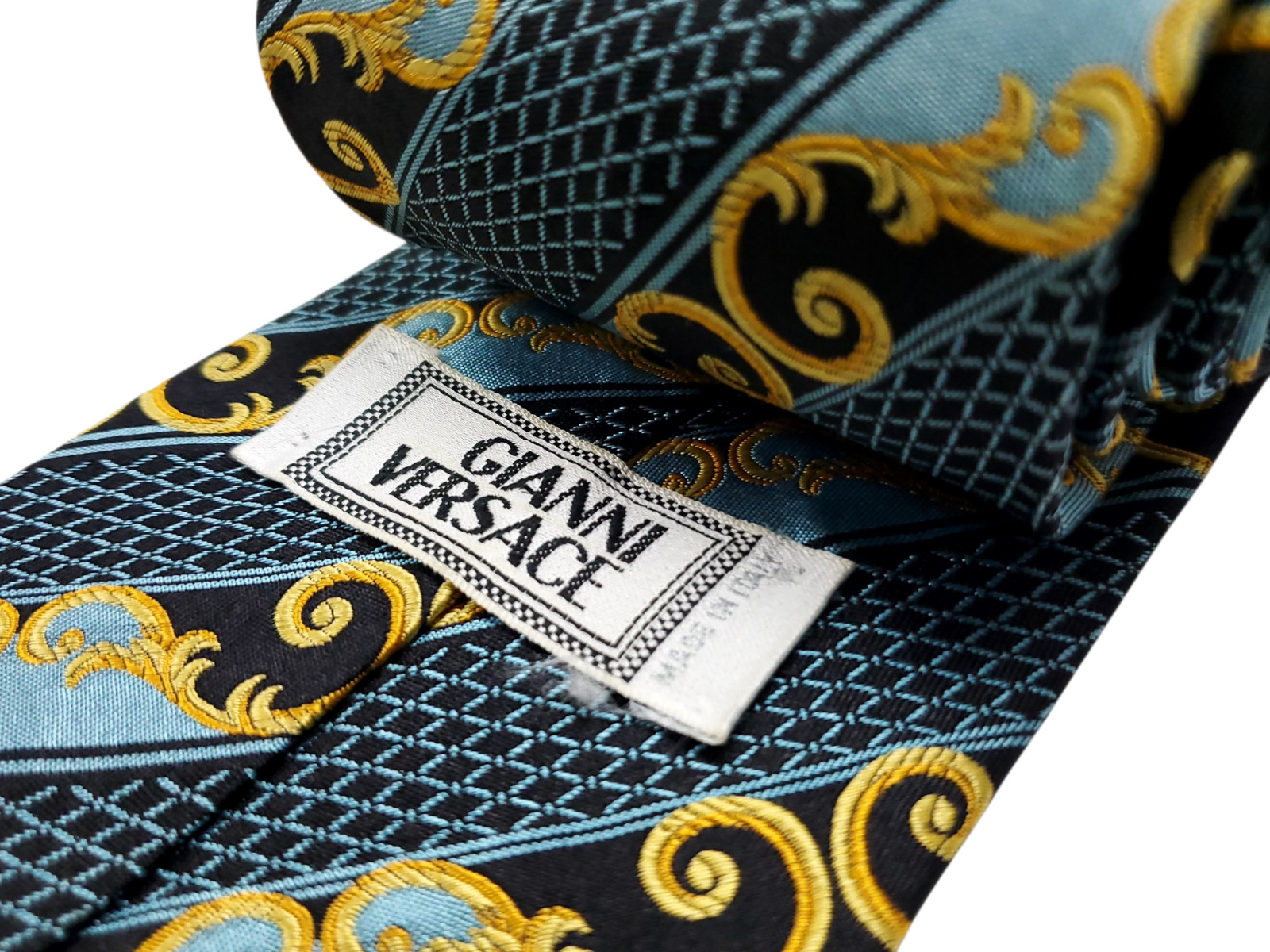 Gianni Versace Vintage made in ITALY 100% Silk Tie Mens Teal Blue Black Gold NEW