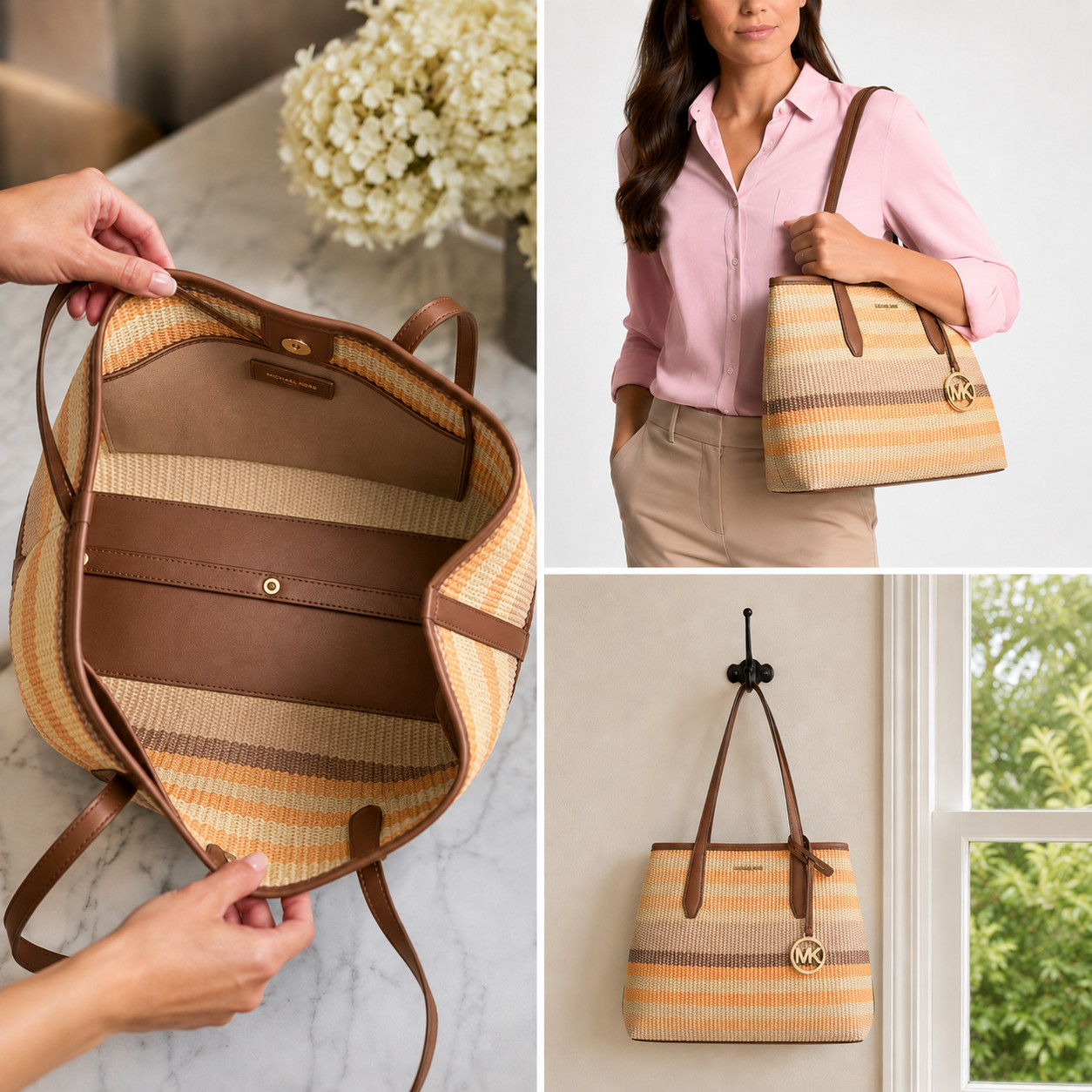 MICHAEL KORS NWT Woven Tote Bag ORANGE BROWN BEIGE Stripes Retail $358
