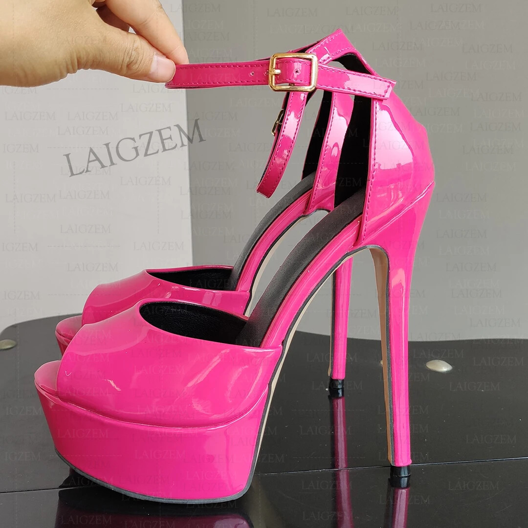 Women Pumps Peep Toe Shiny Thin High Heels Sandals Ankle Strap Shoes Woman