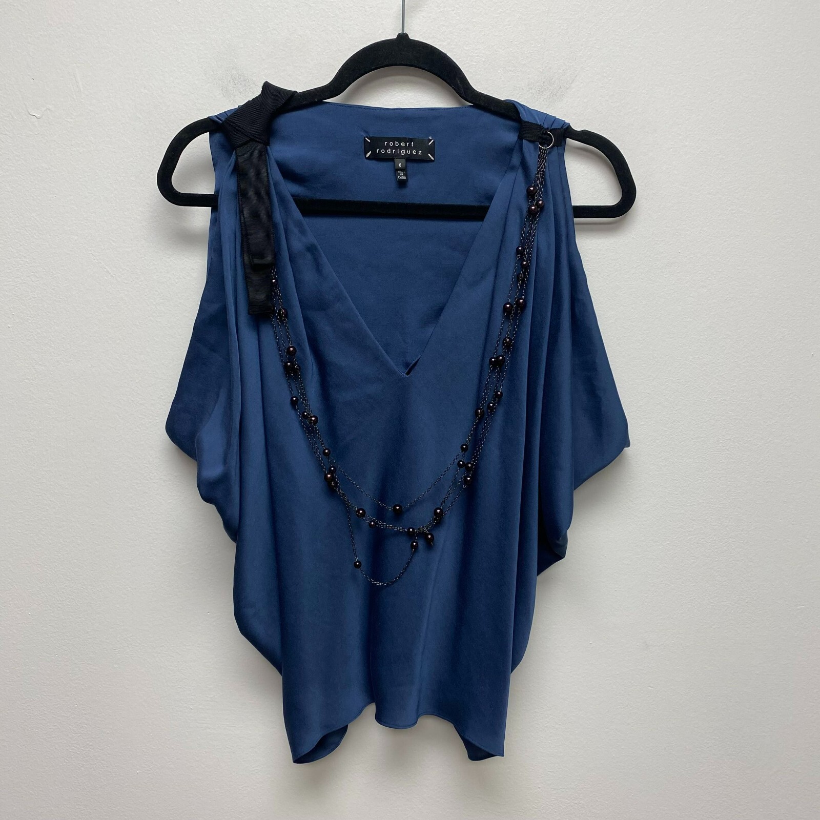 Robert Rodriguez Womens Navy Blue V-Neck Embellished Beads Sleeveless Blouse 6