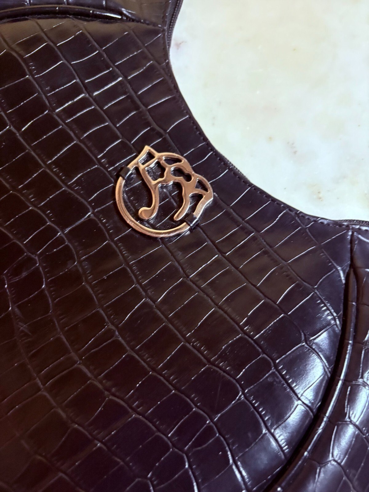 BRACCIOLINI Black Crocodile Embossed Handbag | Italian Saddlebag Purse